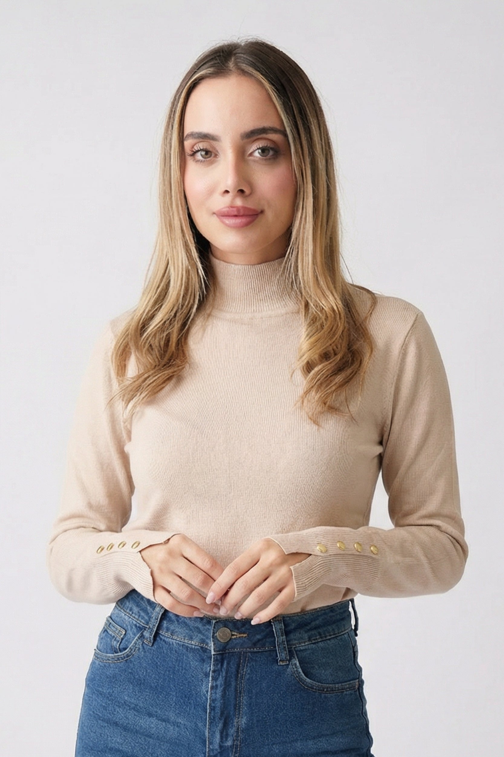 High Neck Button Detail Knit Top – Mocha