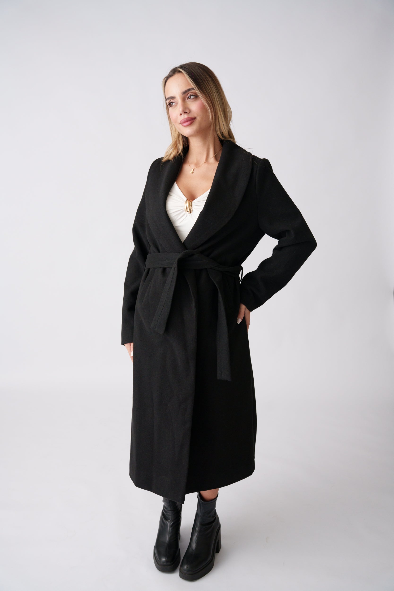 Wool Belted Coat –  Black