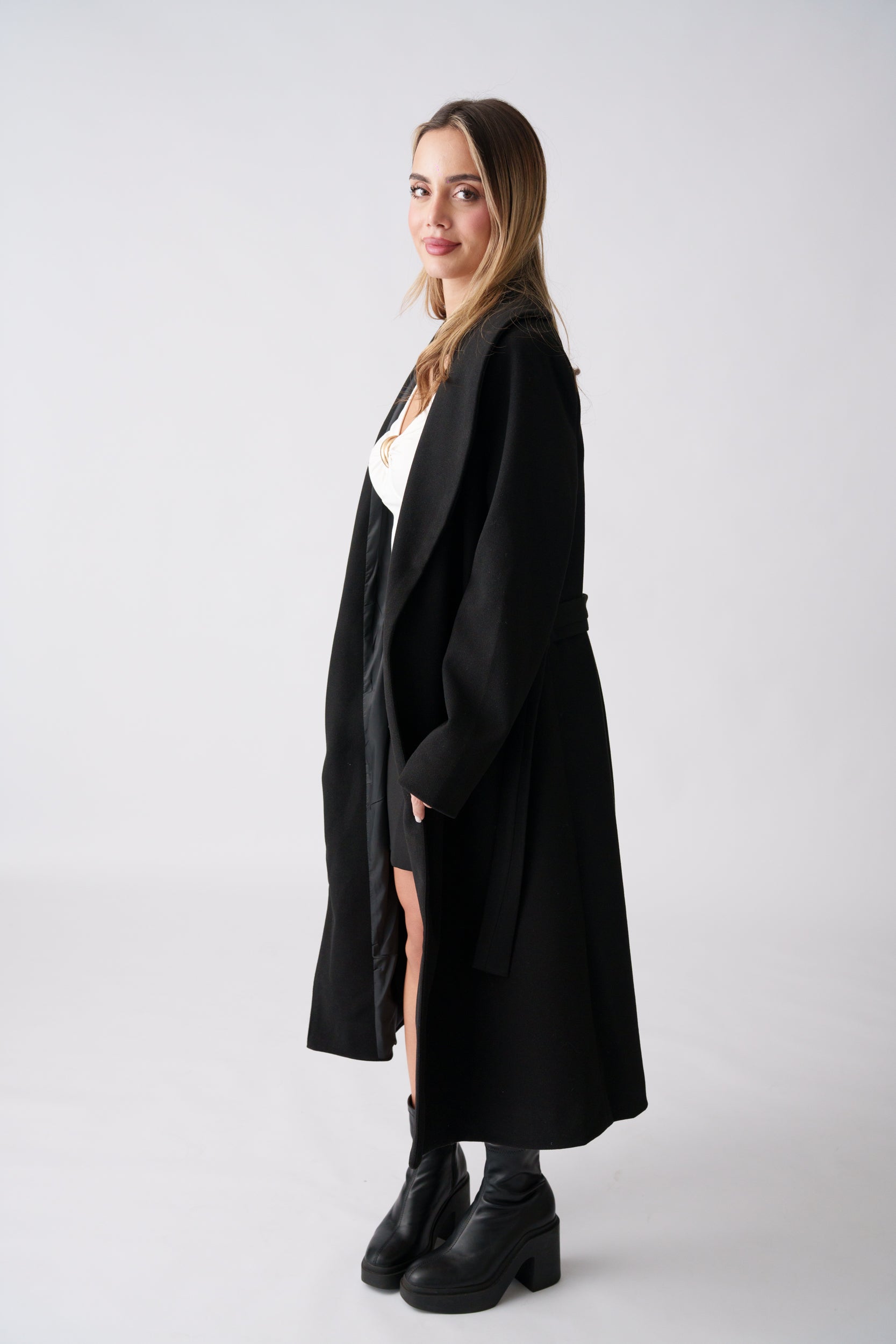 Wool Belted Coat –  Black