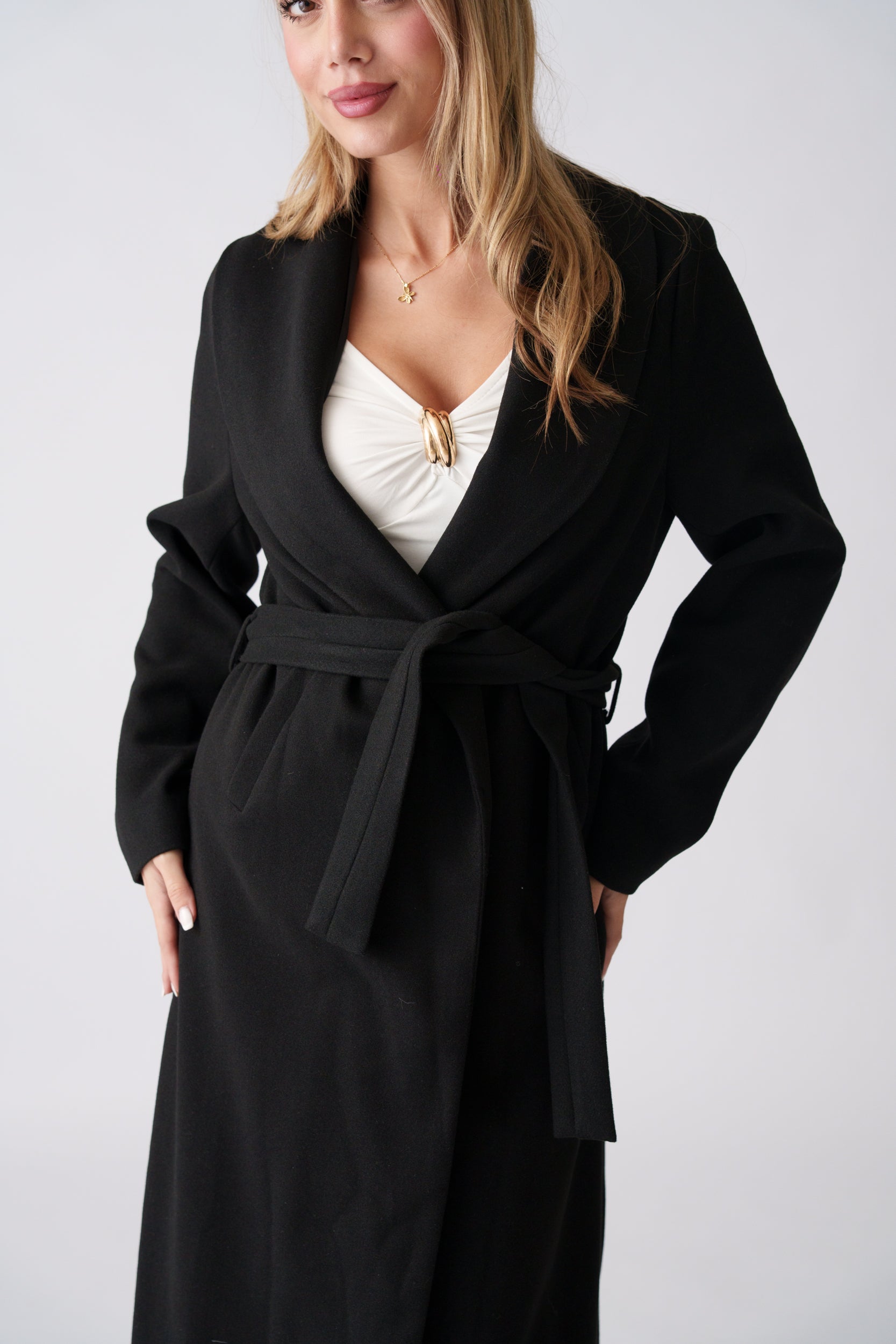 Wool Belted Coat –  Black