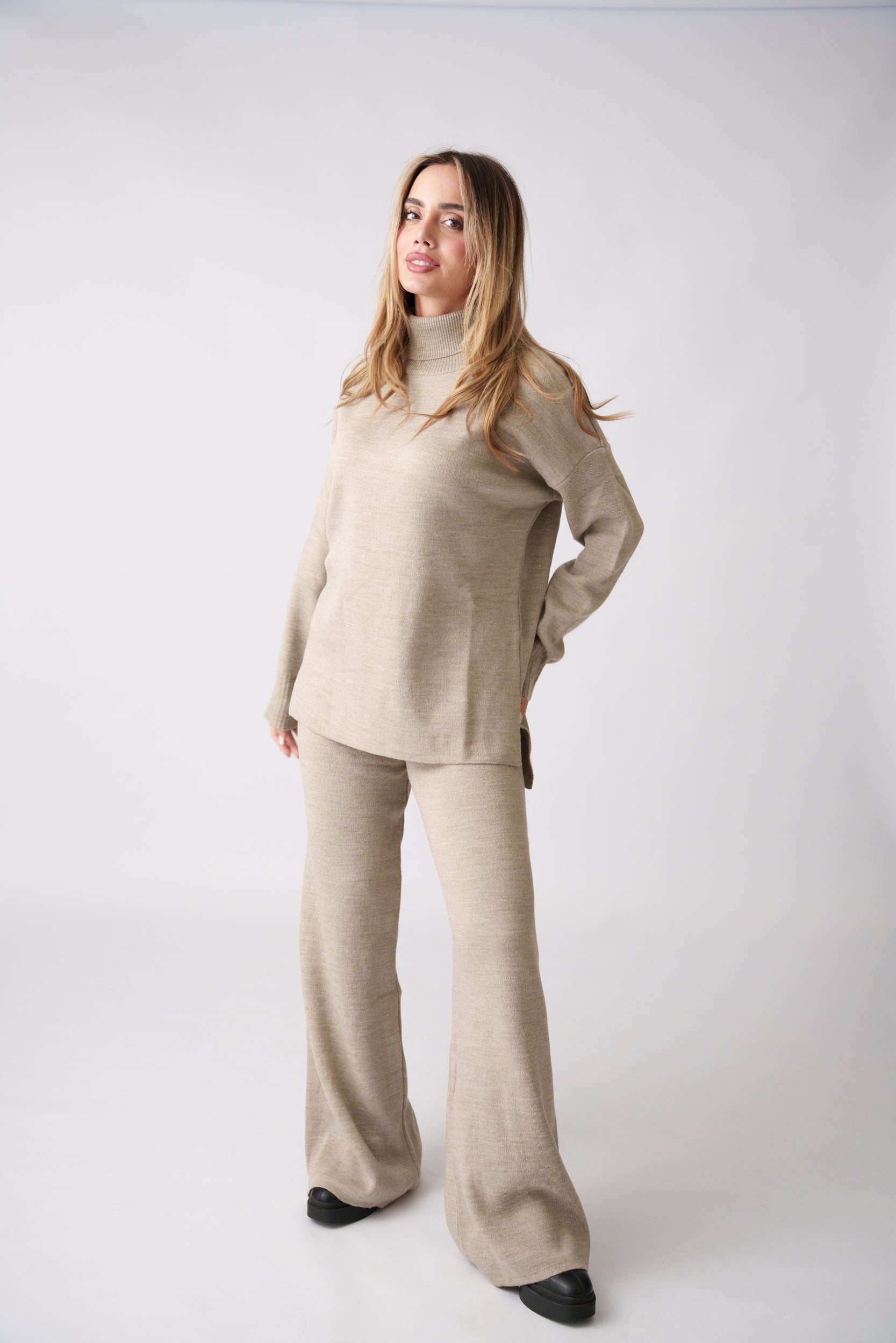 Soft Knit High-Neck Set –  Beige