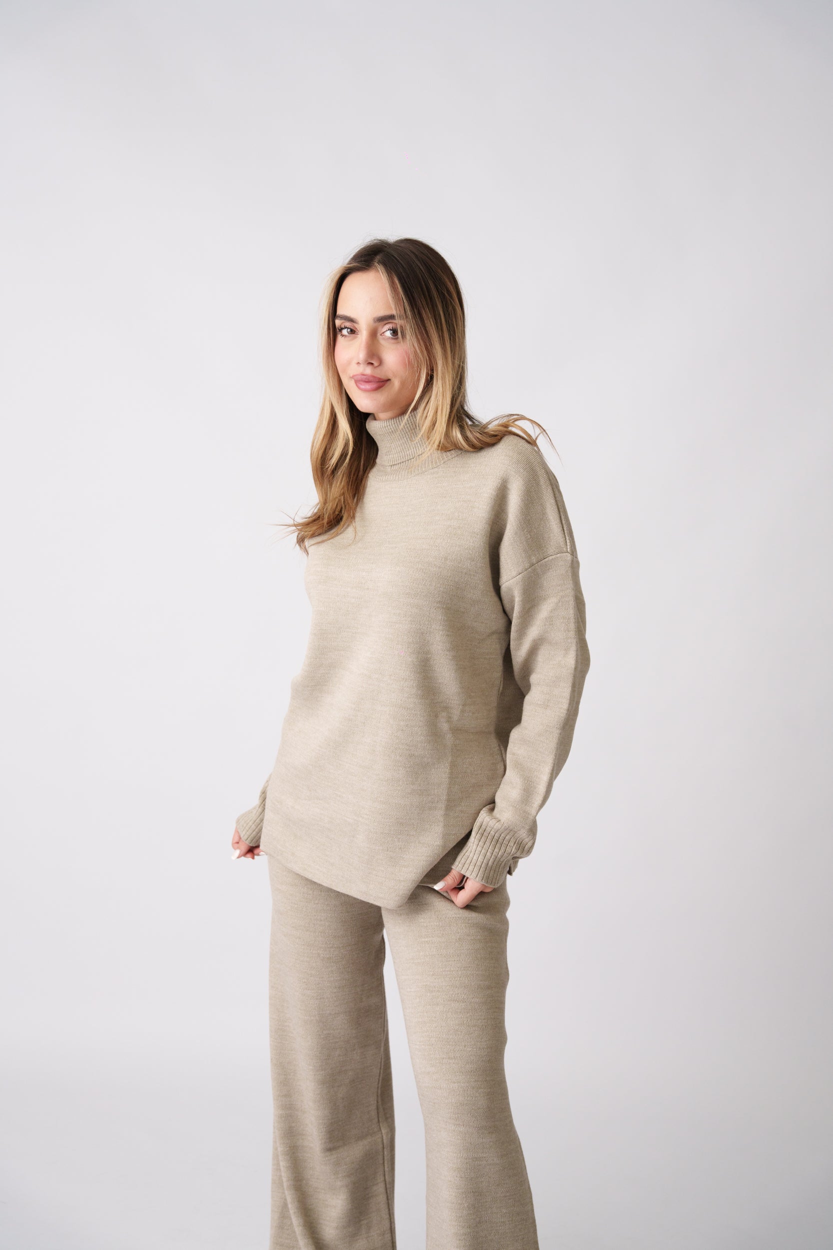 Soft Knit High-Neck Set –  Beige