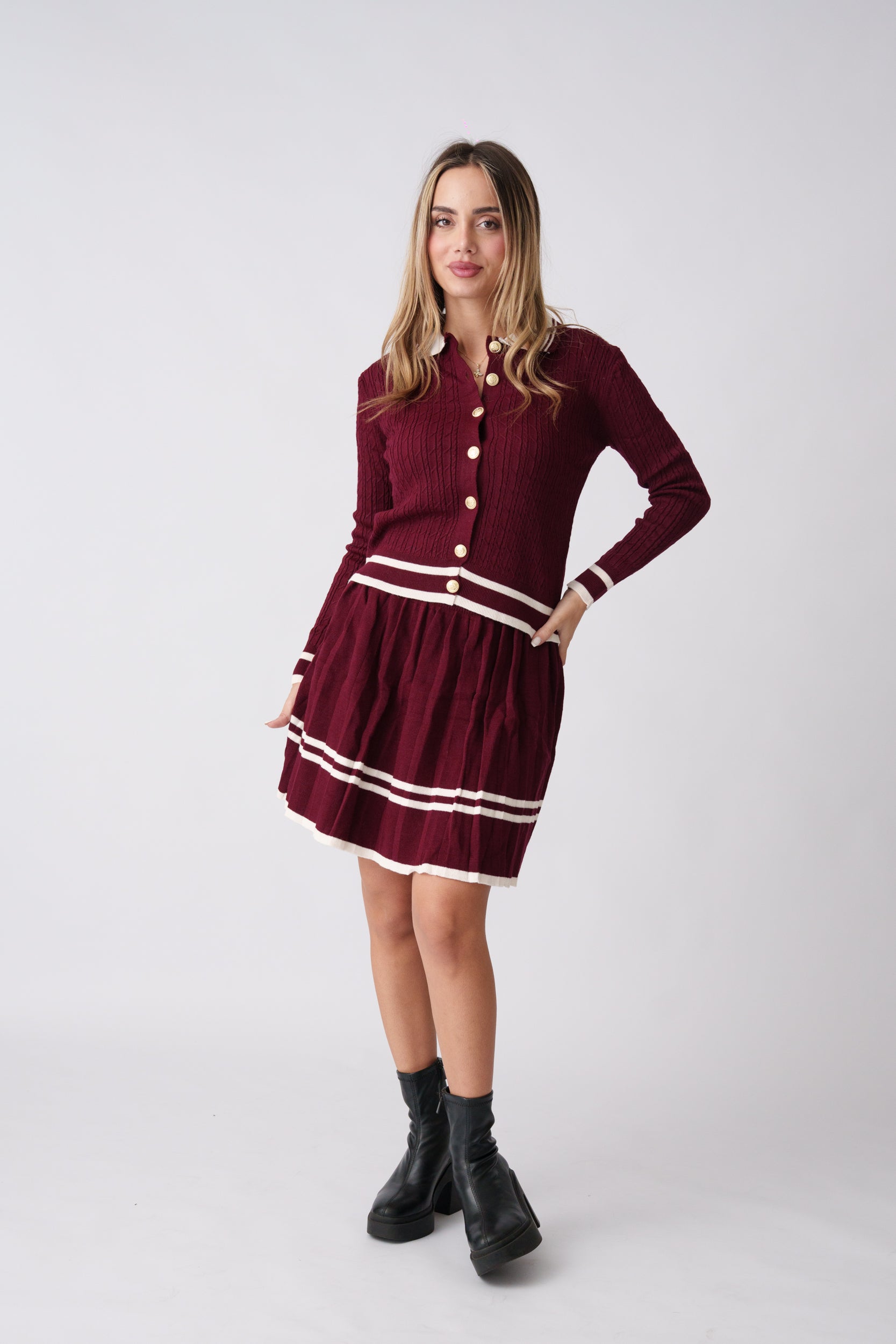Trimmed Soft Knit Pleated Set –  Burgundy