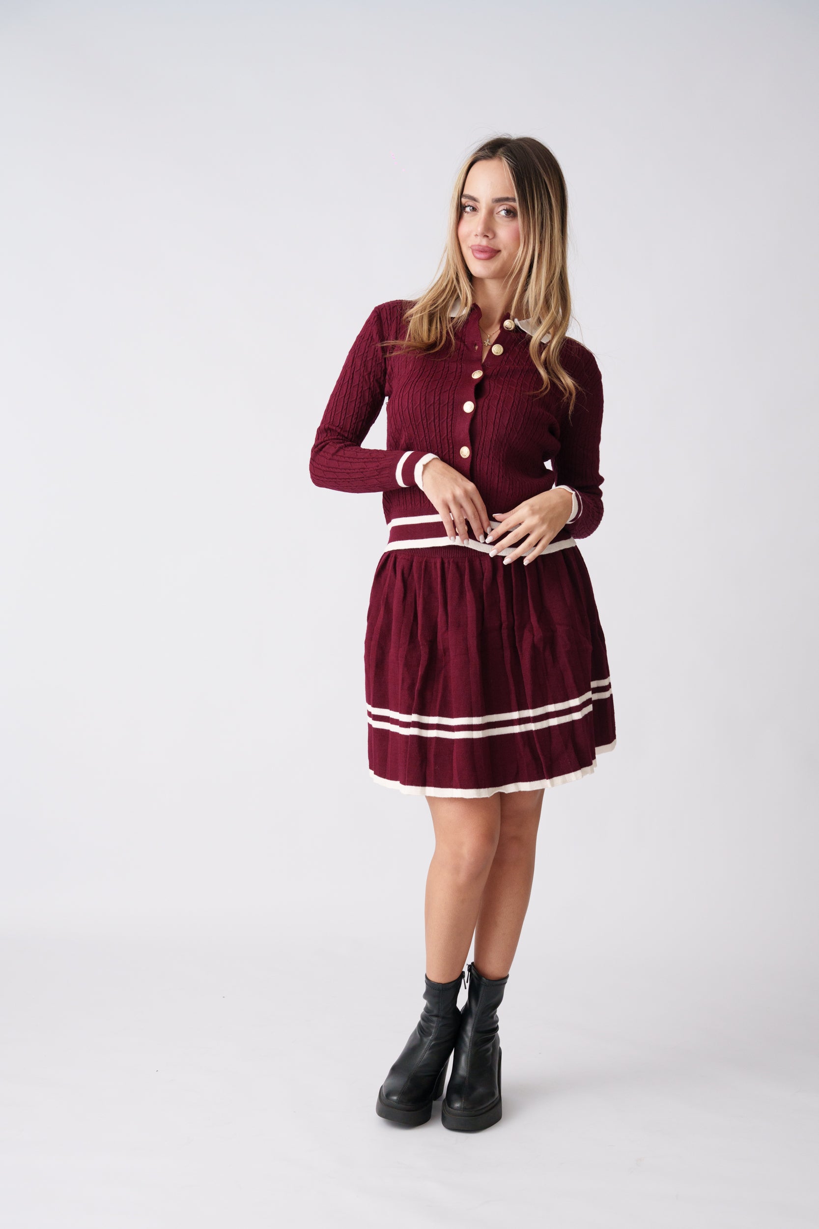 Trimmed Soft Knit Pleated Set –  Burgundy