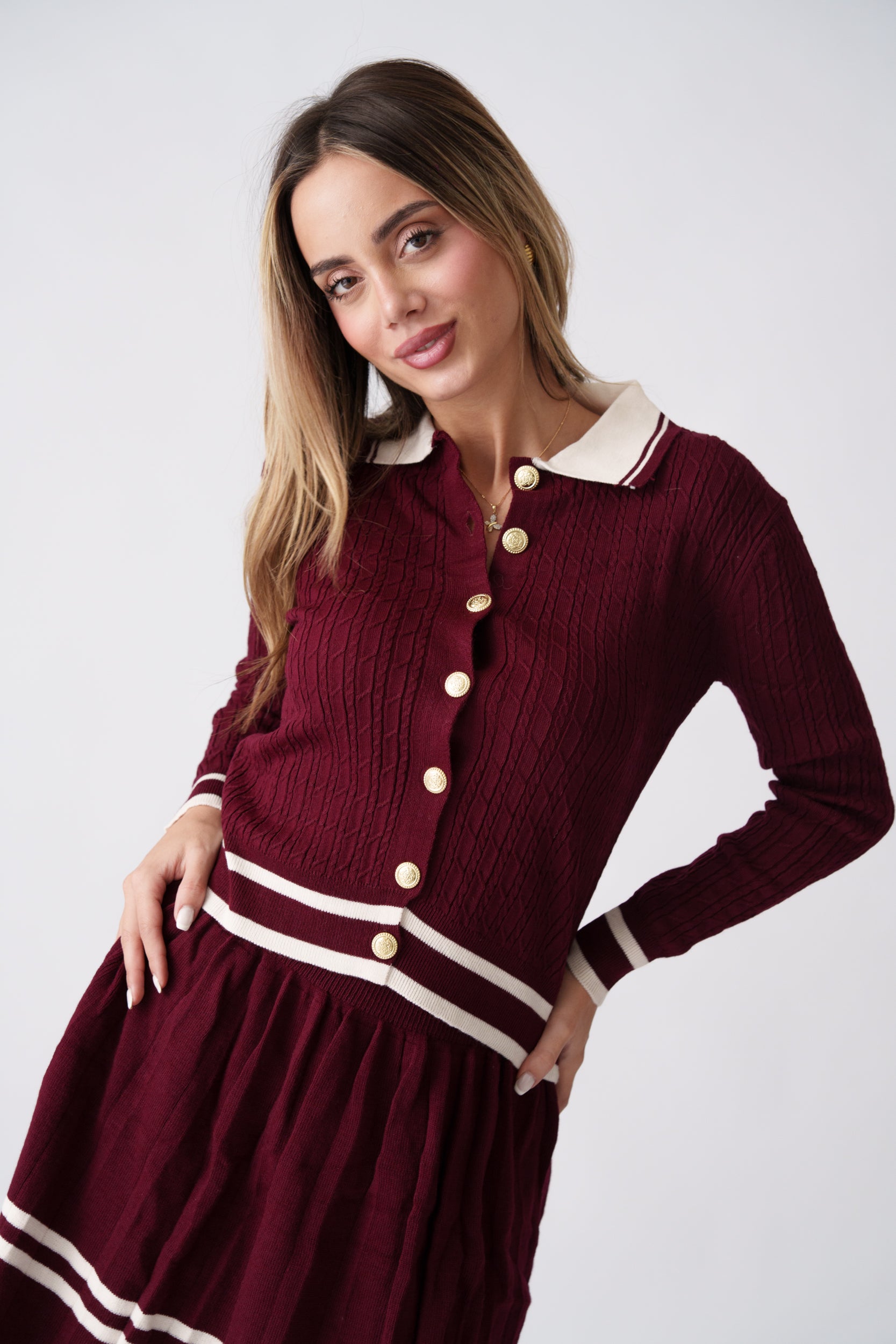 Trimmed Soft Knit Pleated Set –  Burgundy