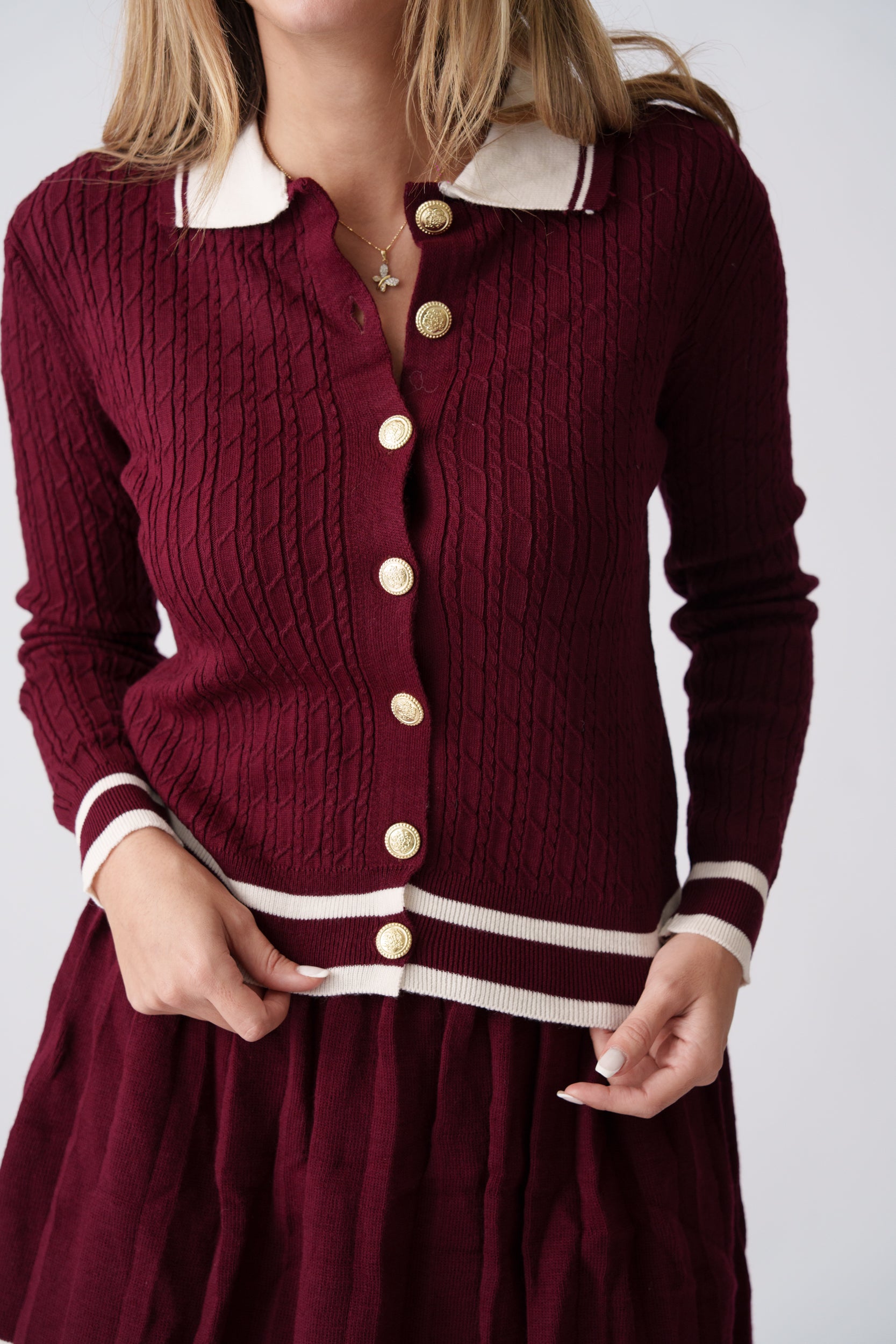 Trimmed Soft Knit Pleated Set –  Burgundy