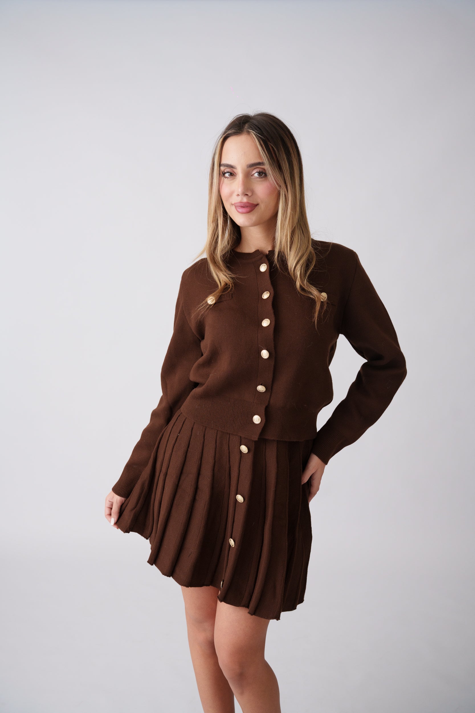 Soft Knit Pleated Set –  Brown