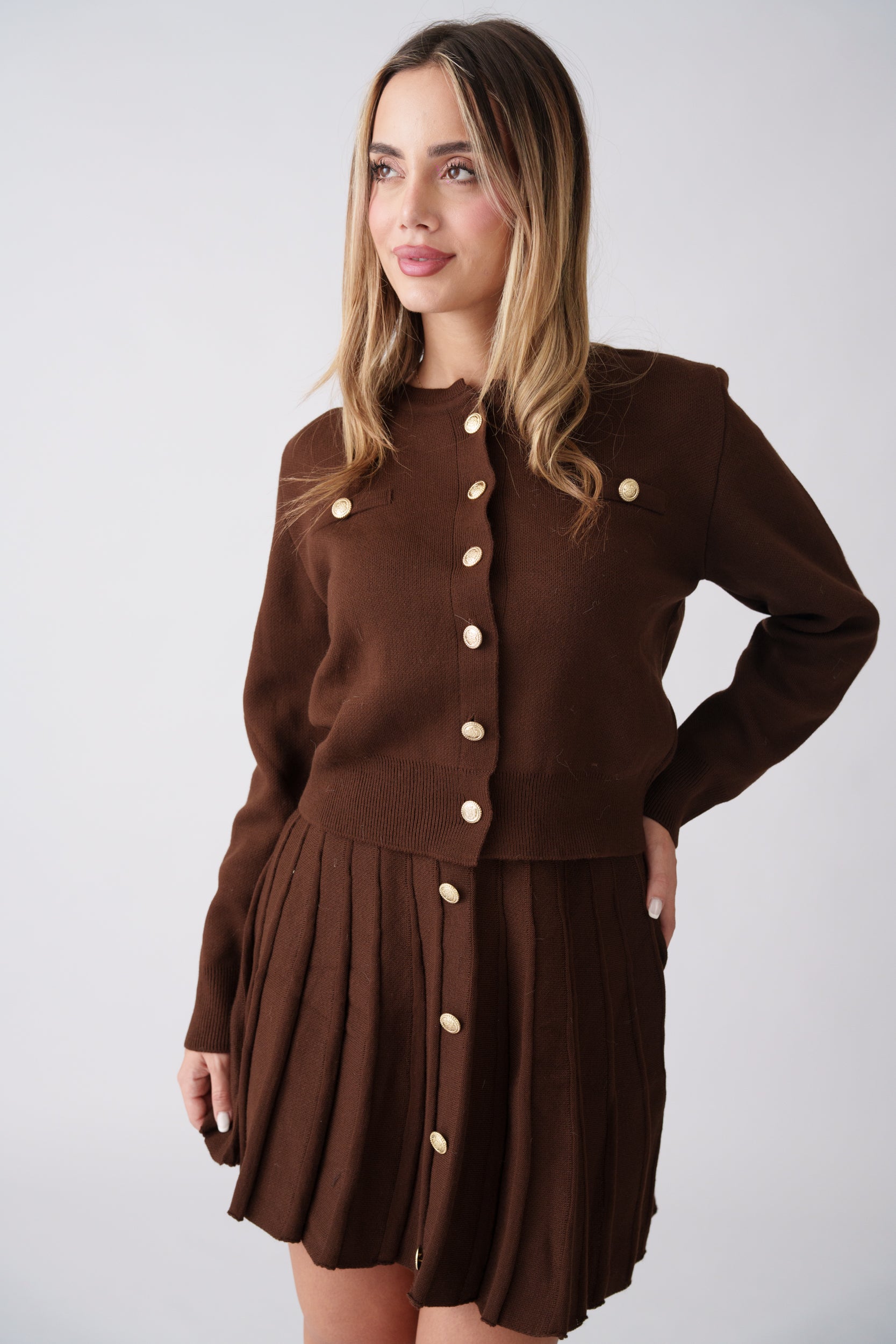 Soft Knit Pleated Set –  Brown