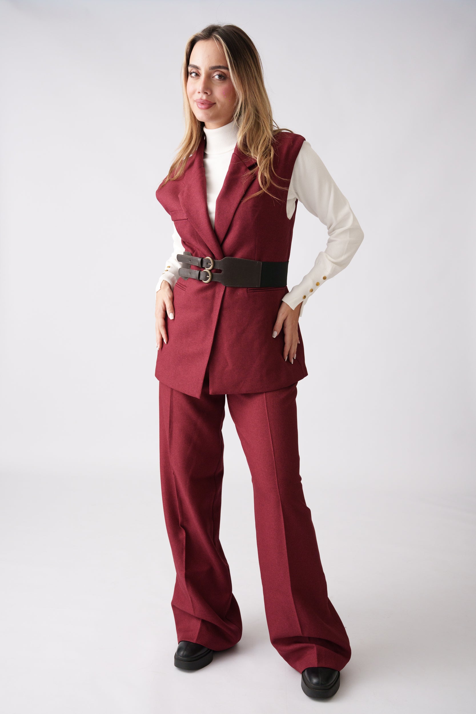 Belted Vest Set –  Burgundy