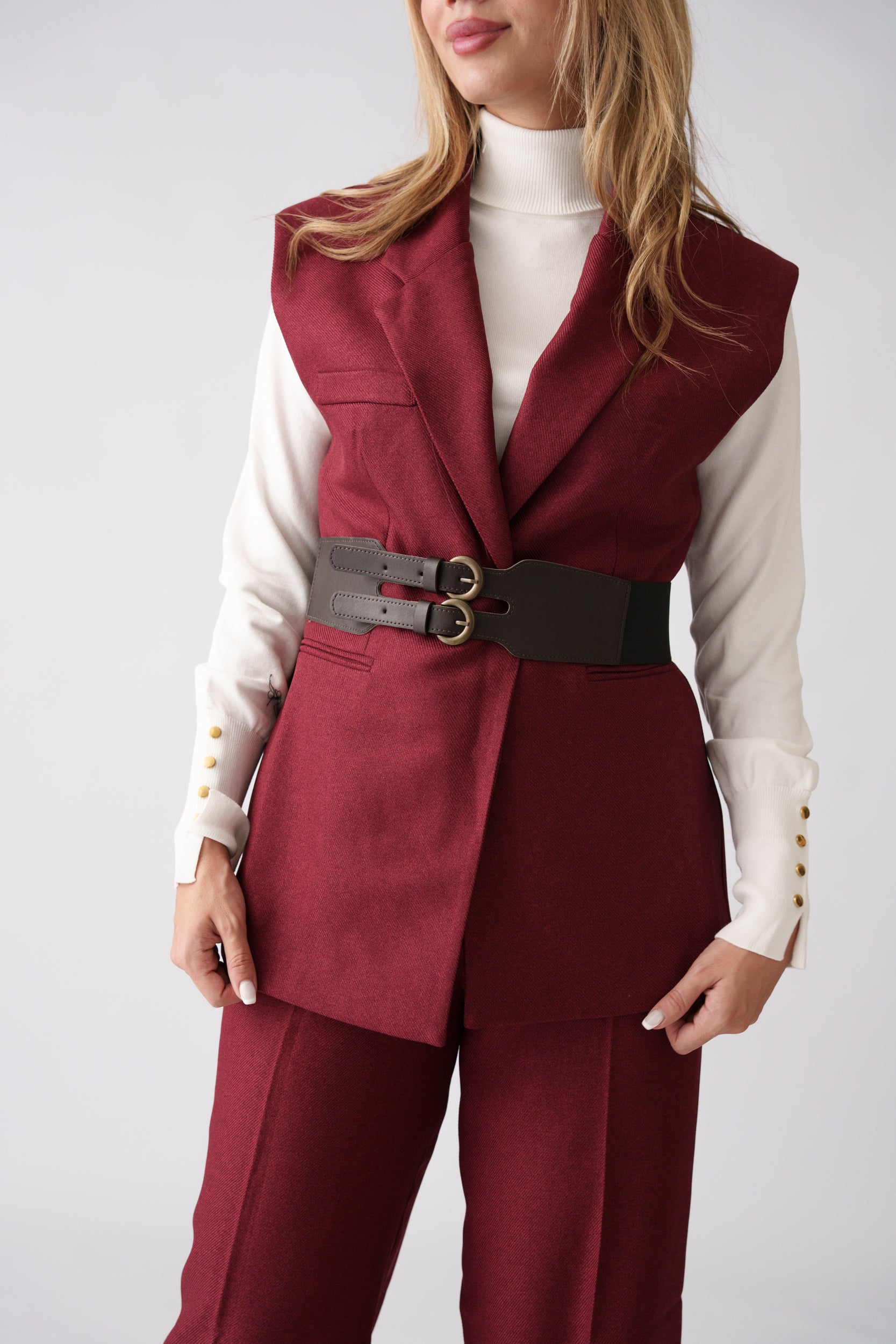 Belted Vest Set –  Burgundy