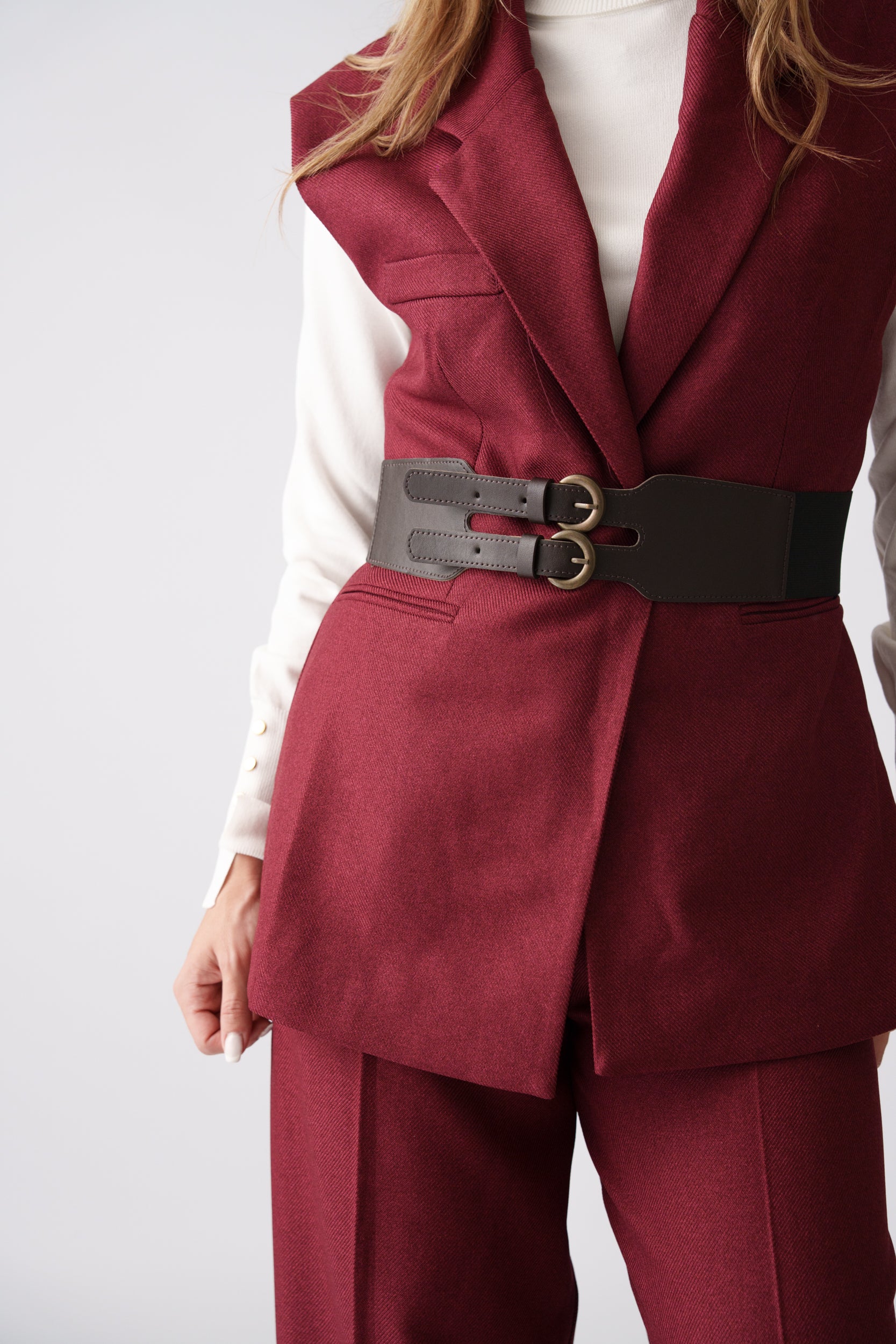 Belted Vest Set –  Burgundy