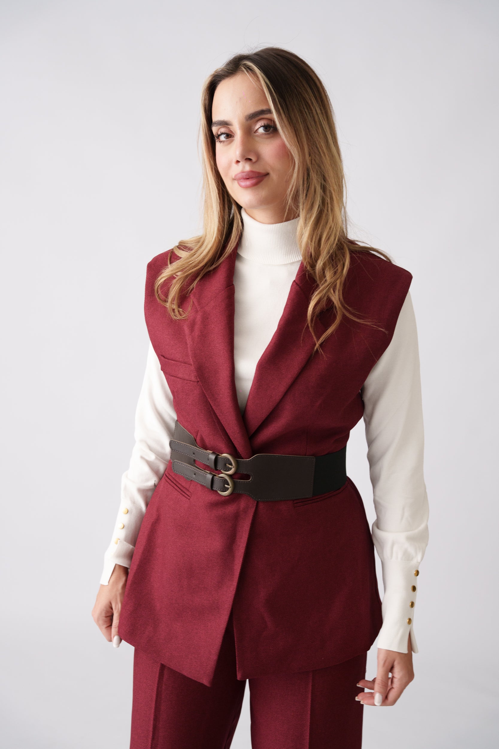 Belted Vest Set –  Burgundy