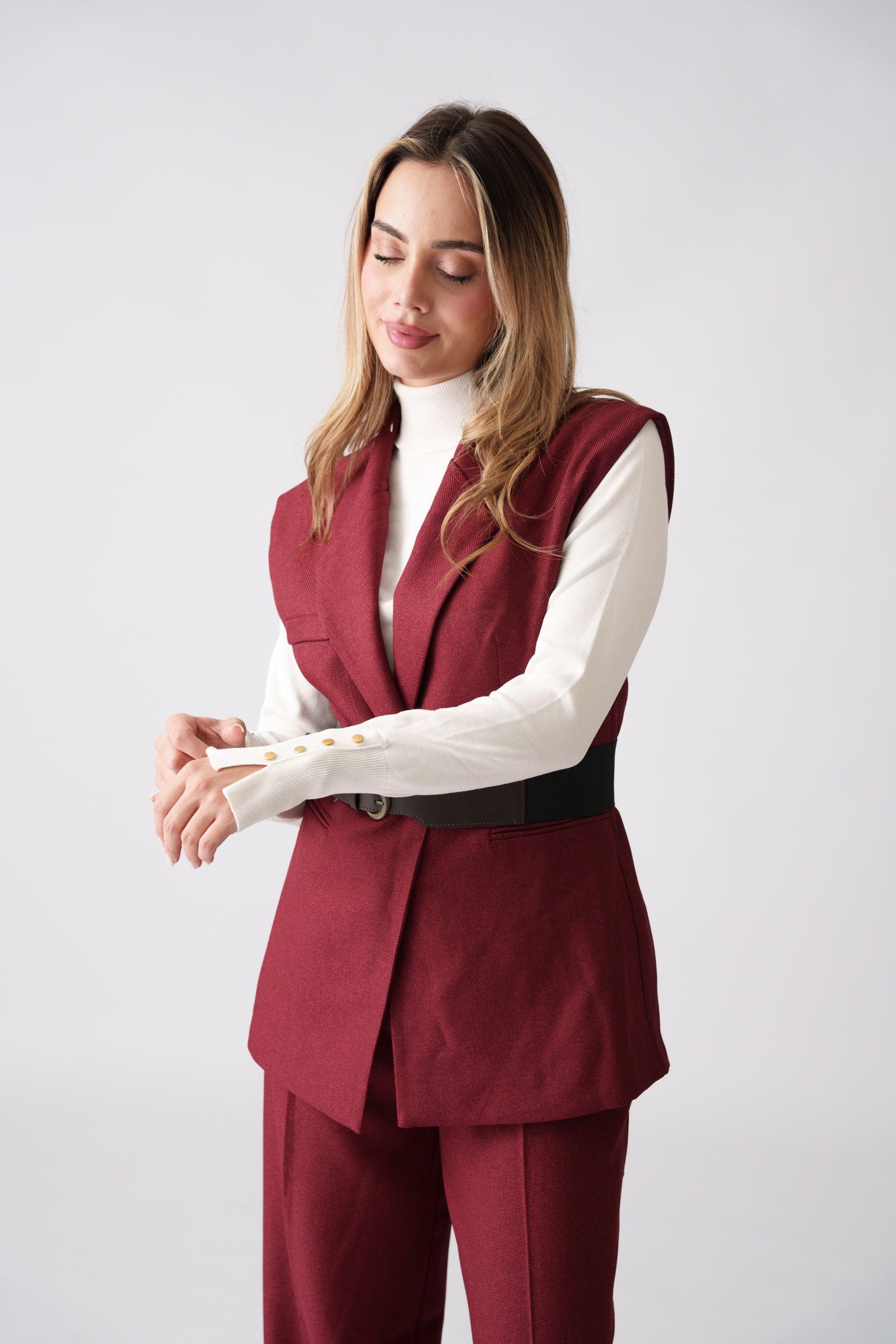 Belted Vest Set –  Burgundy