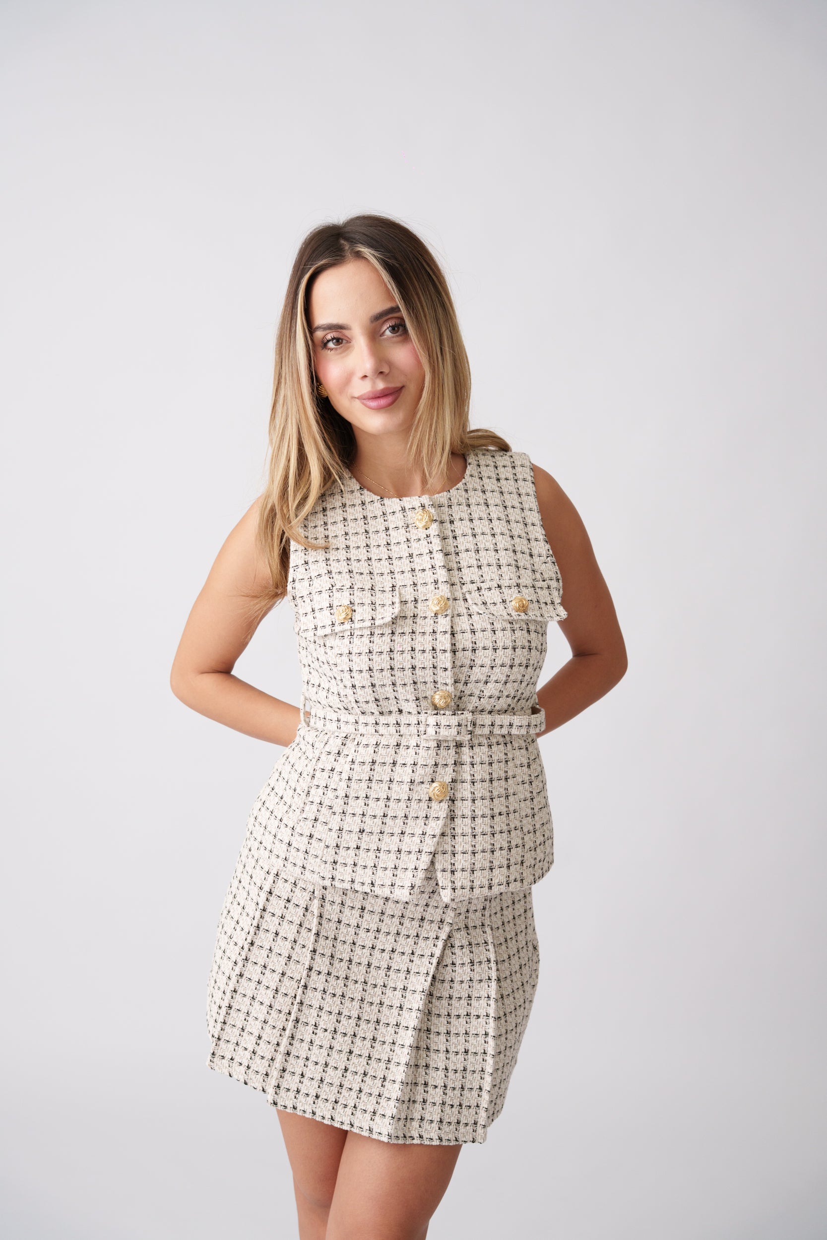 Chic Tweed Skirt Set –  Cream Check