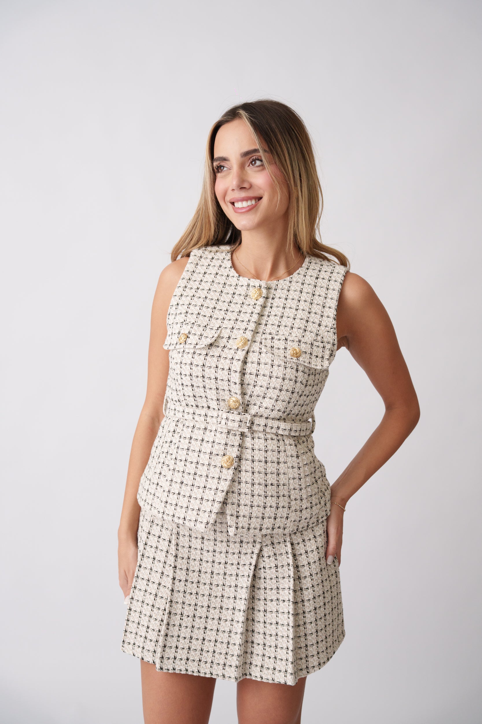 Chic Tweed Skirt Set –  Cream Check