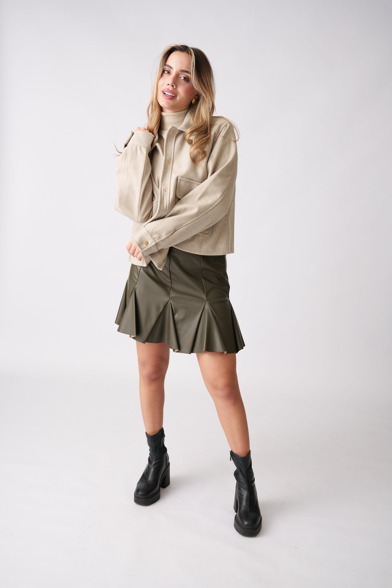 Faux Leather Flared Skirt – Olive