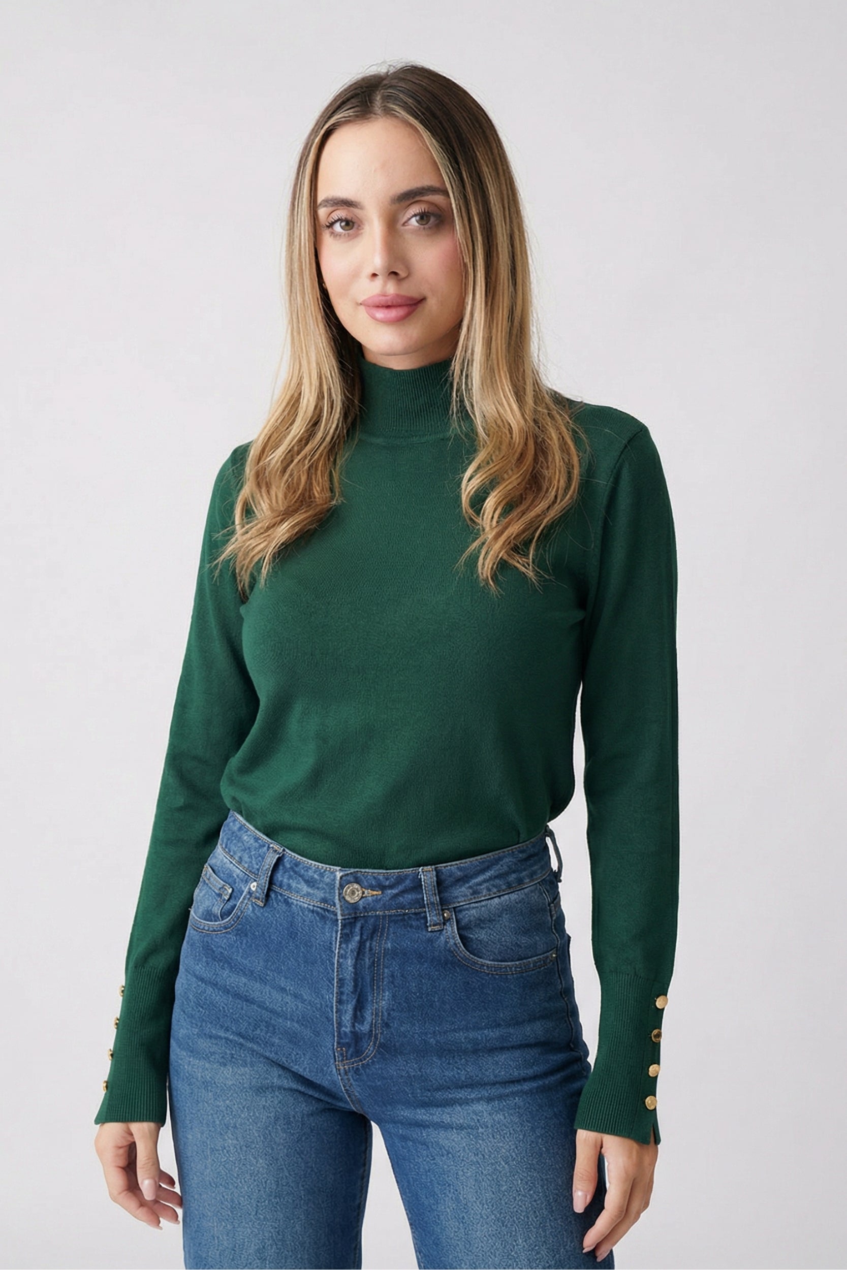 High Neck Button Detail Knit Top – Green