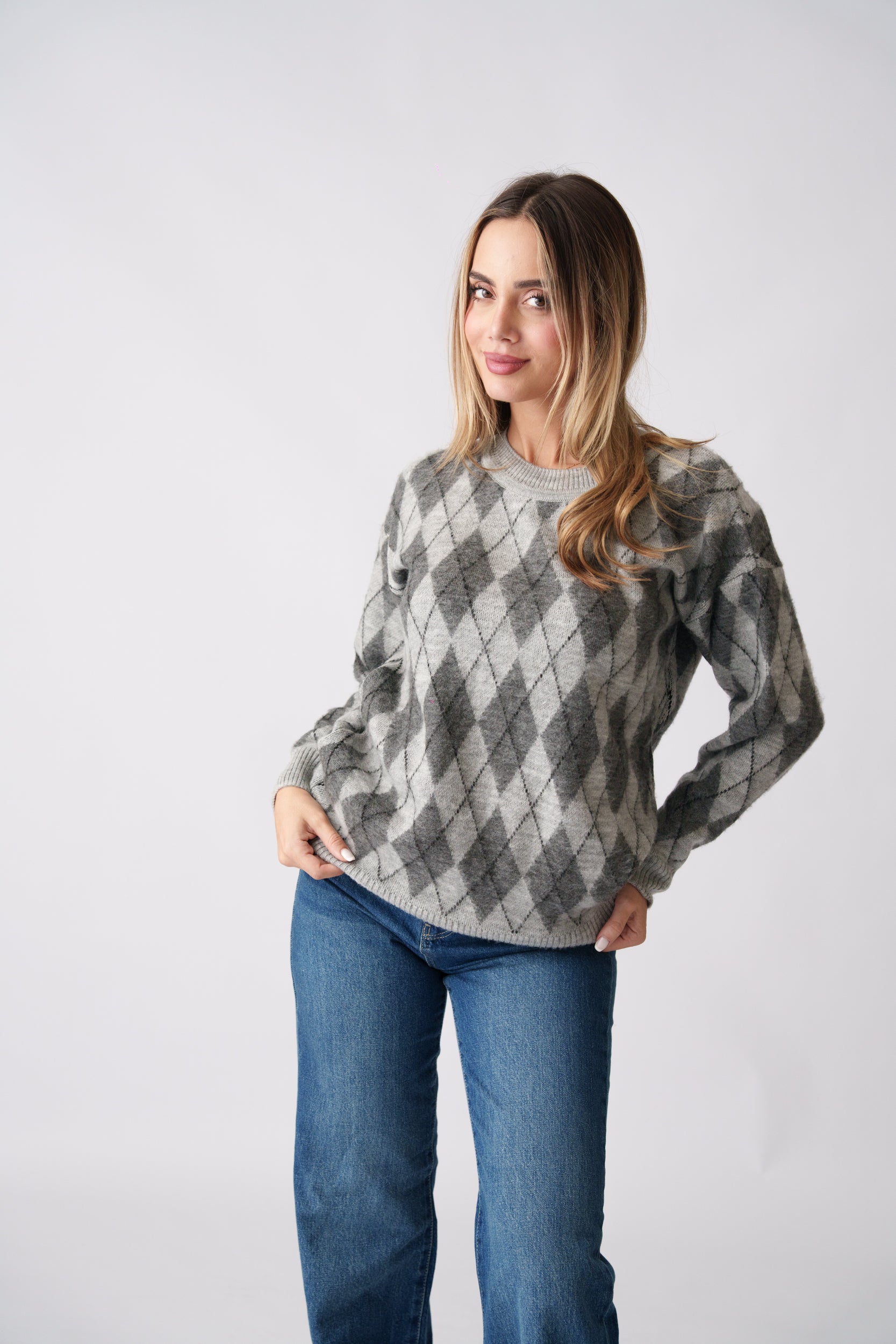 Argyle Knit Sweater – Grey
