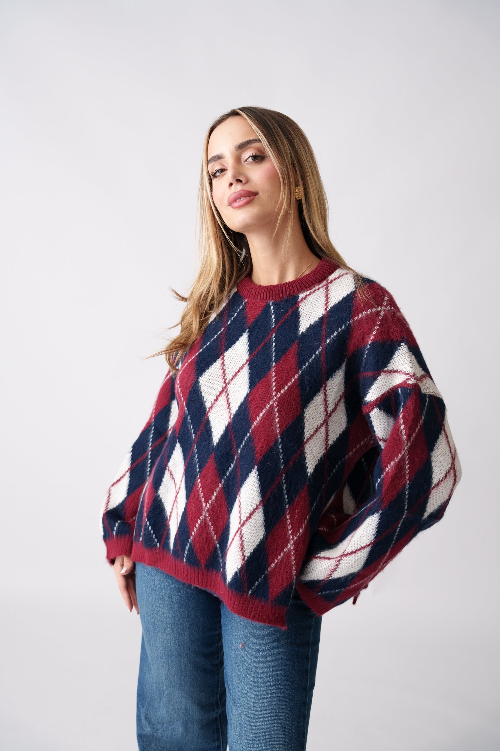 Argyle Knit Sweater – Navy & Burgundy
