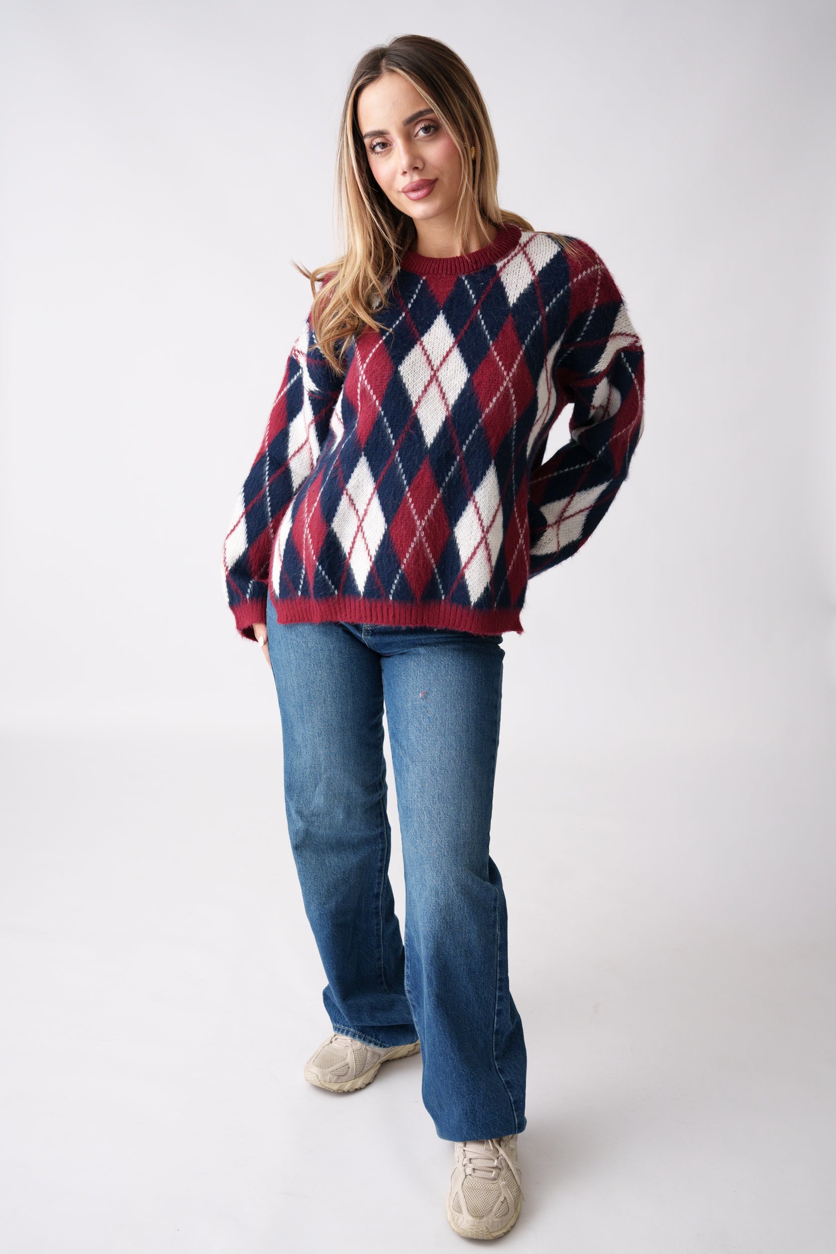 Argyle Knit Sweater – Navy & Burgundy