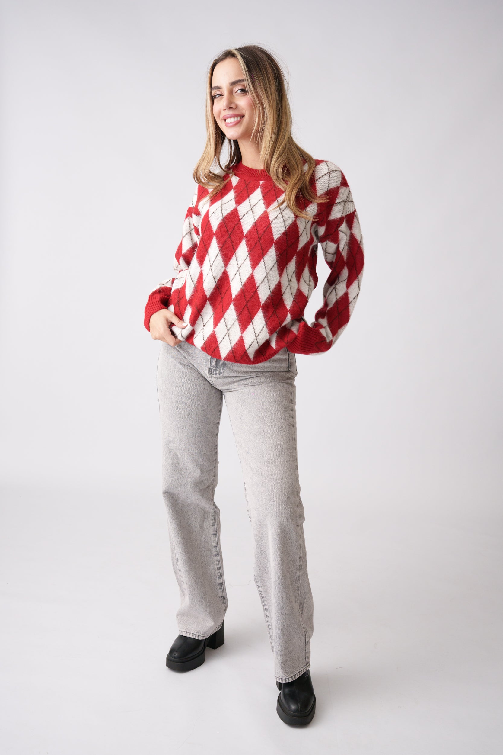 Argyle Knit Sweater – Red & White