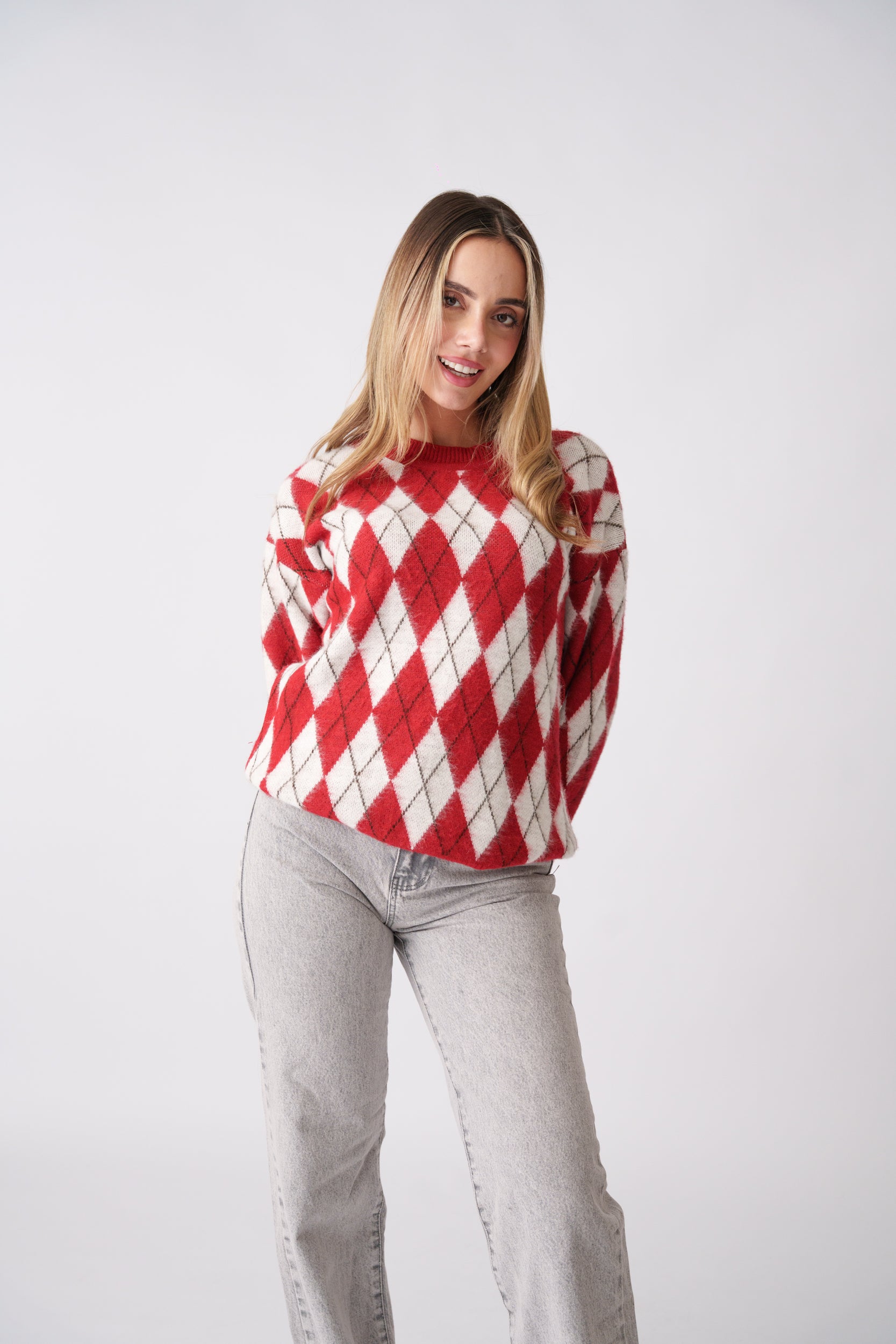 Argyle Knit Sweater – Red & White