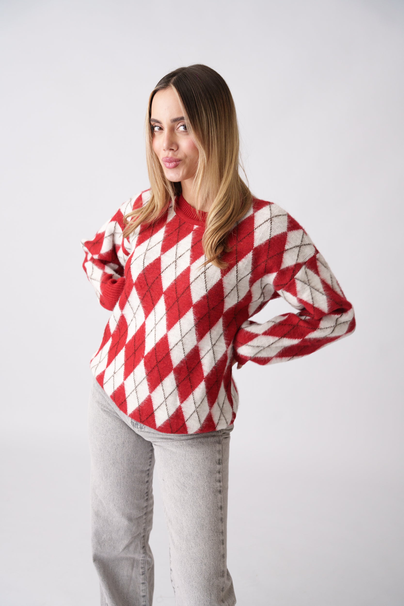 Argyle Knit Sweater – Red & White