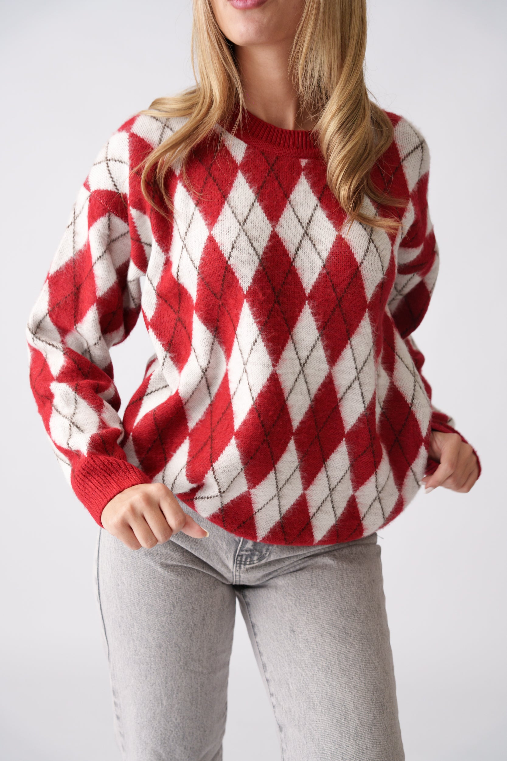 Argyle Knit Sweater – Red & White