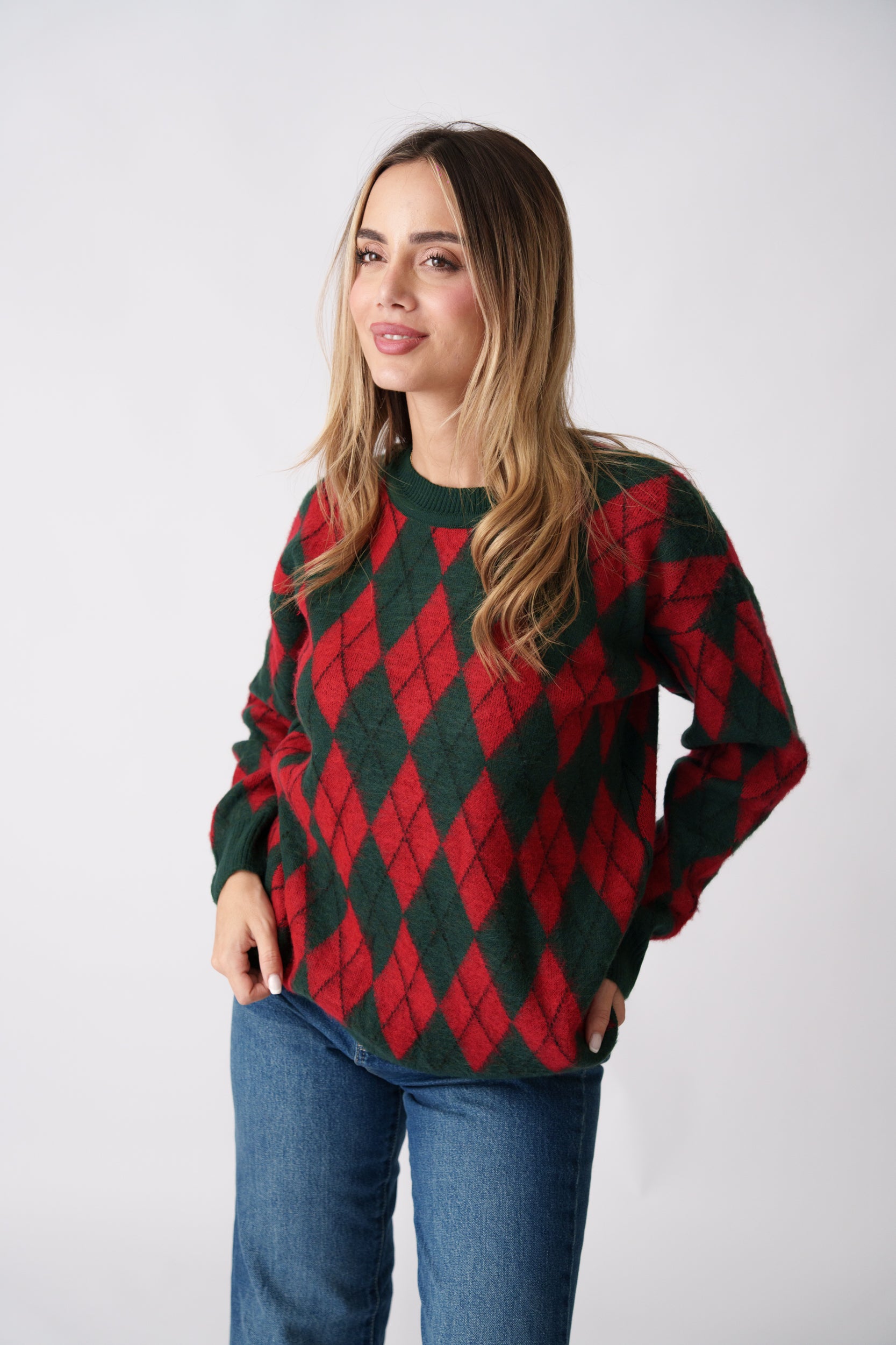 Argyle Knit Sweater – Green & Red