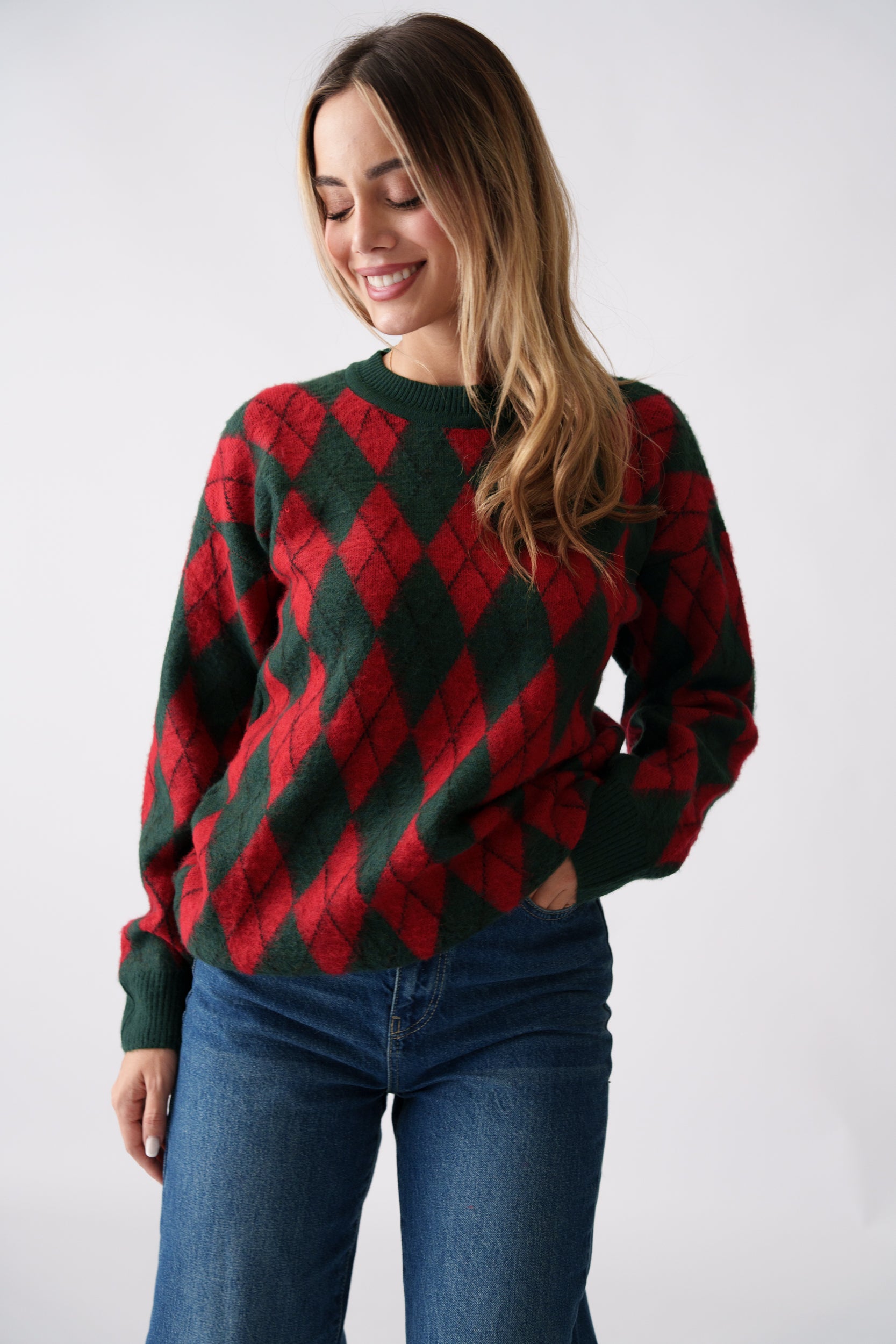 Argyle Knit Sweater – Green & Red