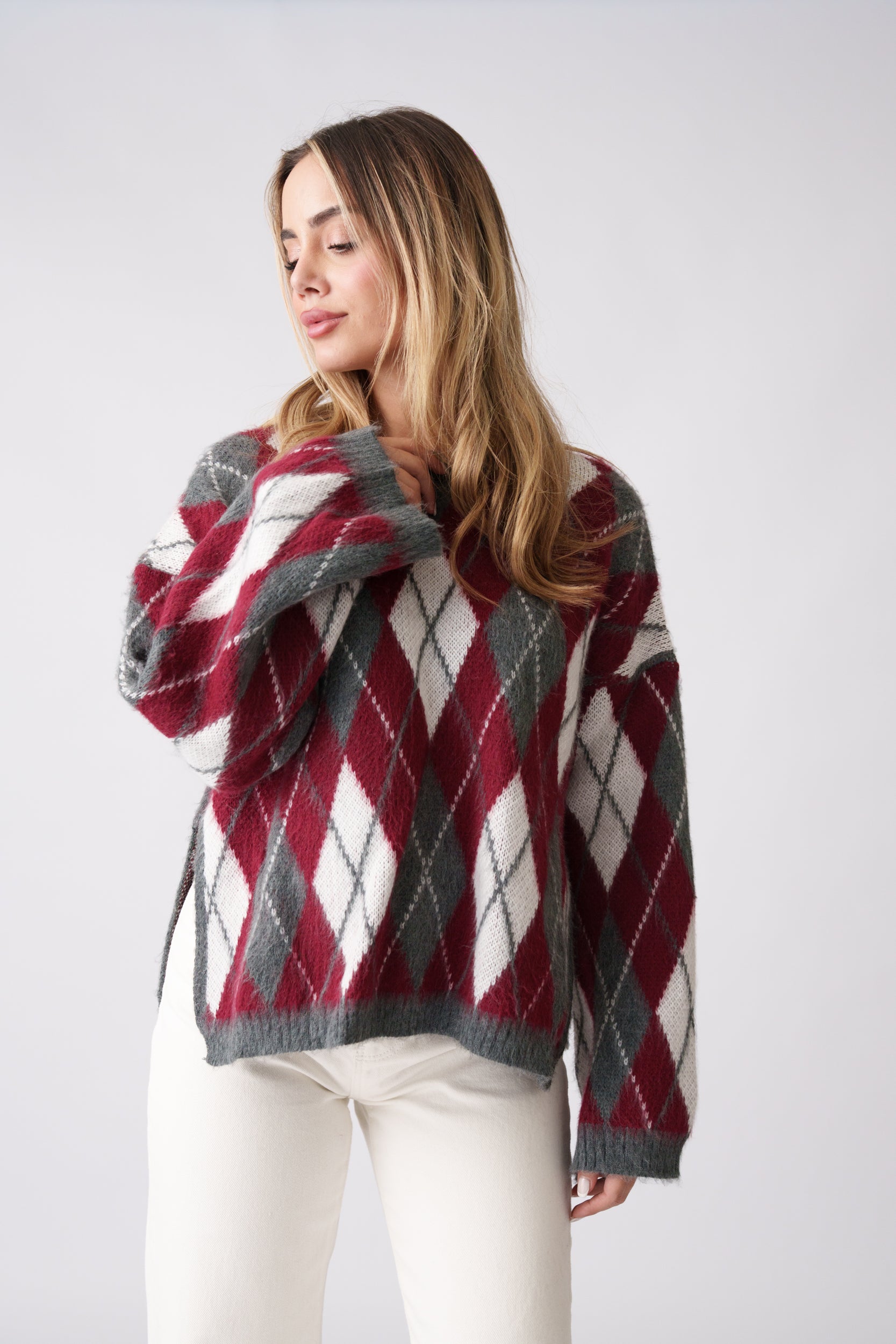 Argyle Knit Sweater – Burgundy & Grey
