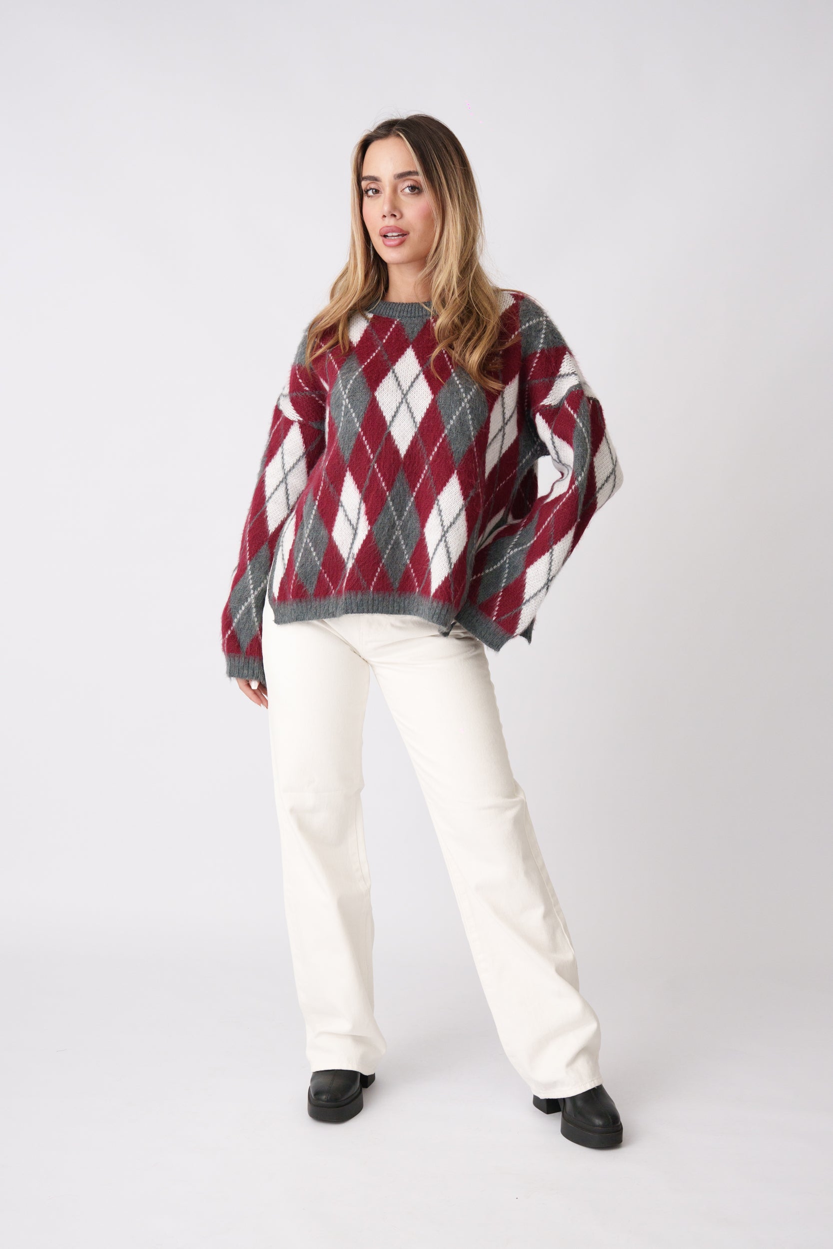 Argyle Knit Sweater – Burgundy & Grey