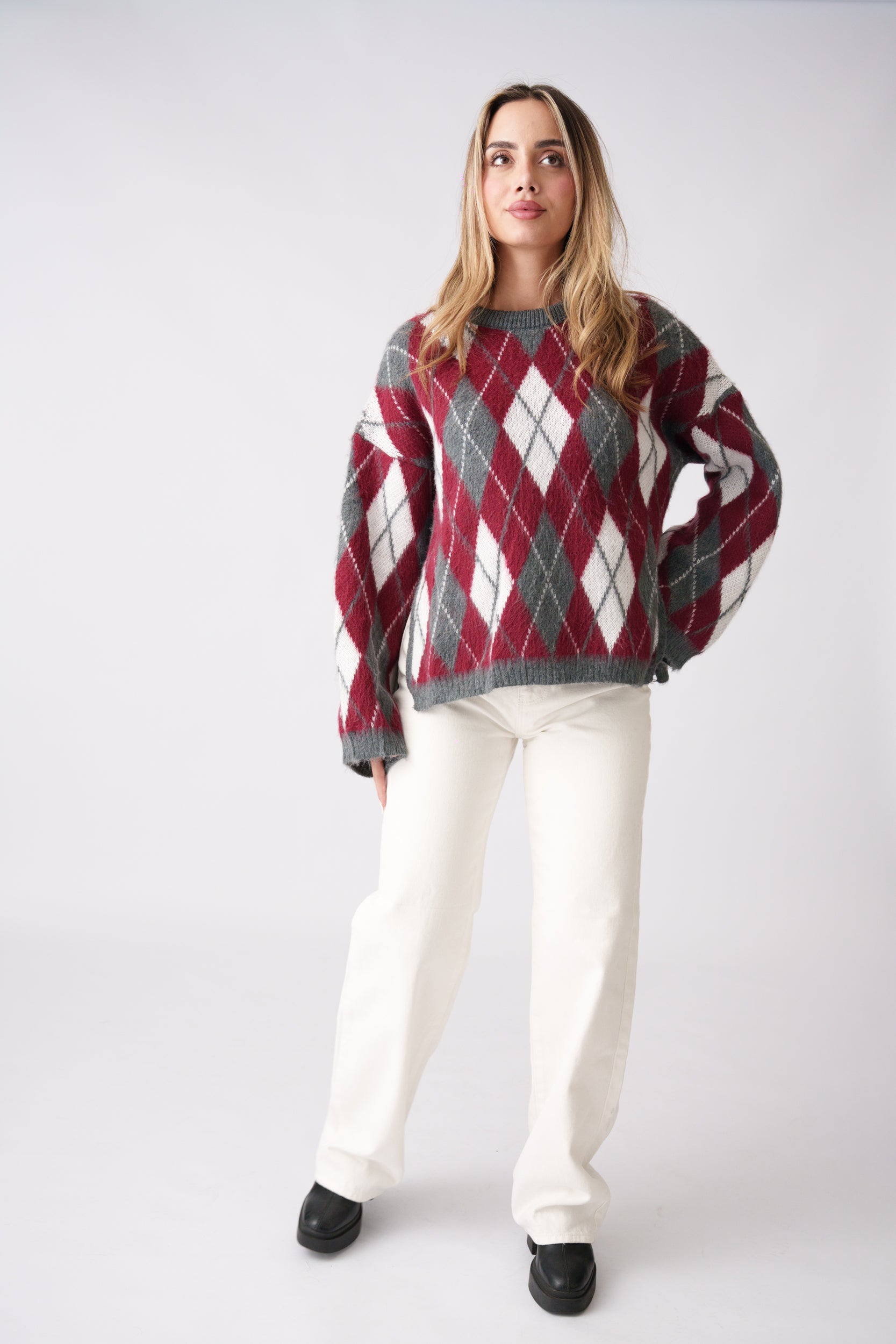 Argyle Knit Sweater – Burgundy & Grey