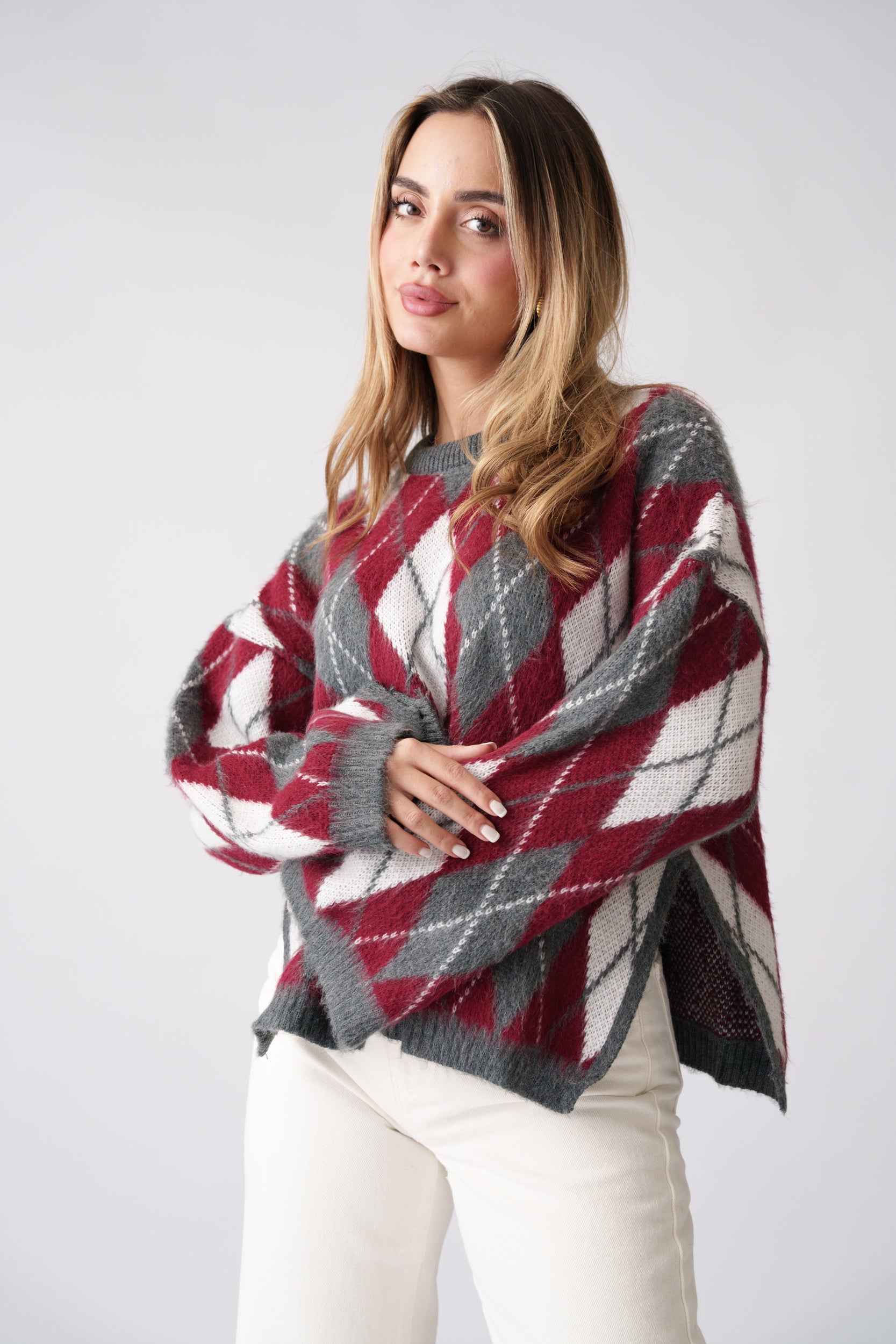 Argyle Knit Sweater – Burgundy & Grey