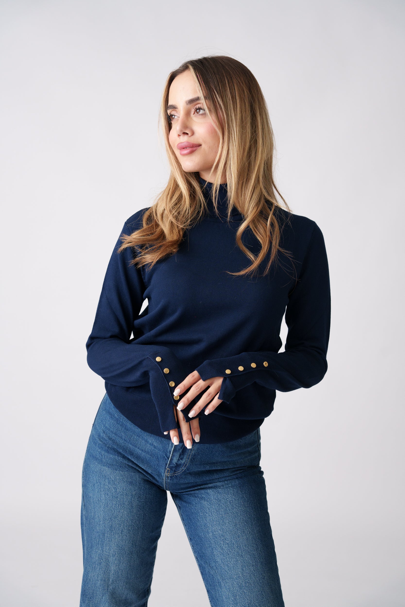 High Neck Button Detail Knit Top – Navy