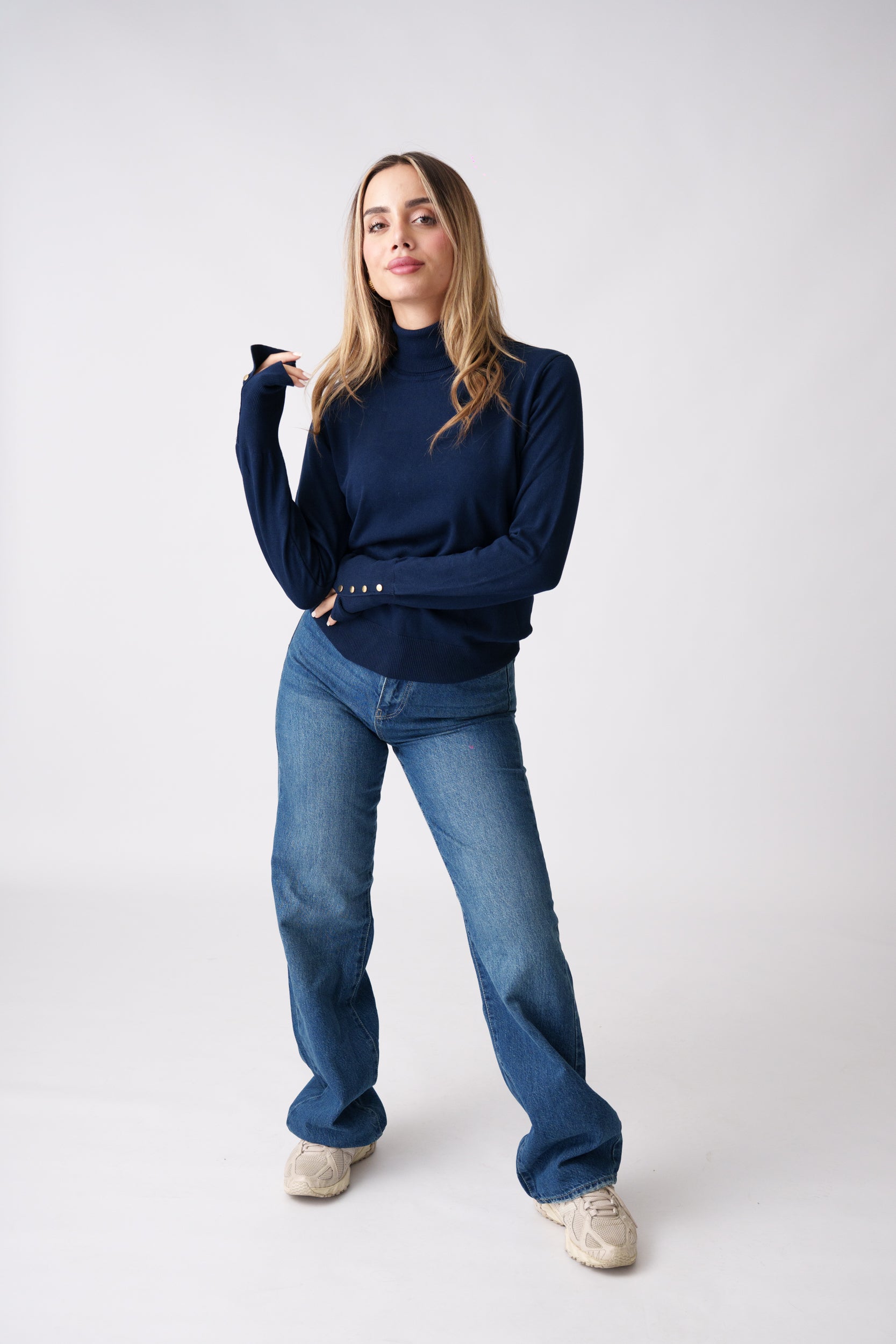 High Neck Button Detail Knit Top – Navy