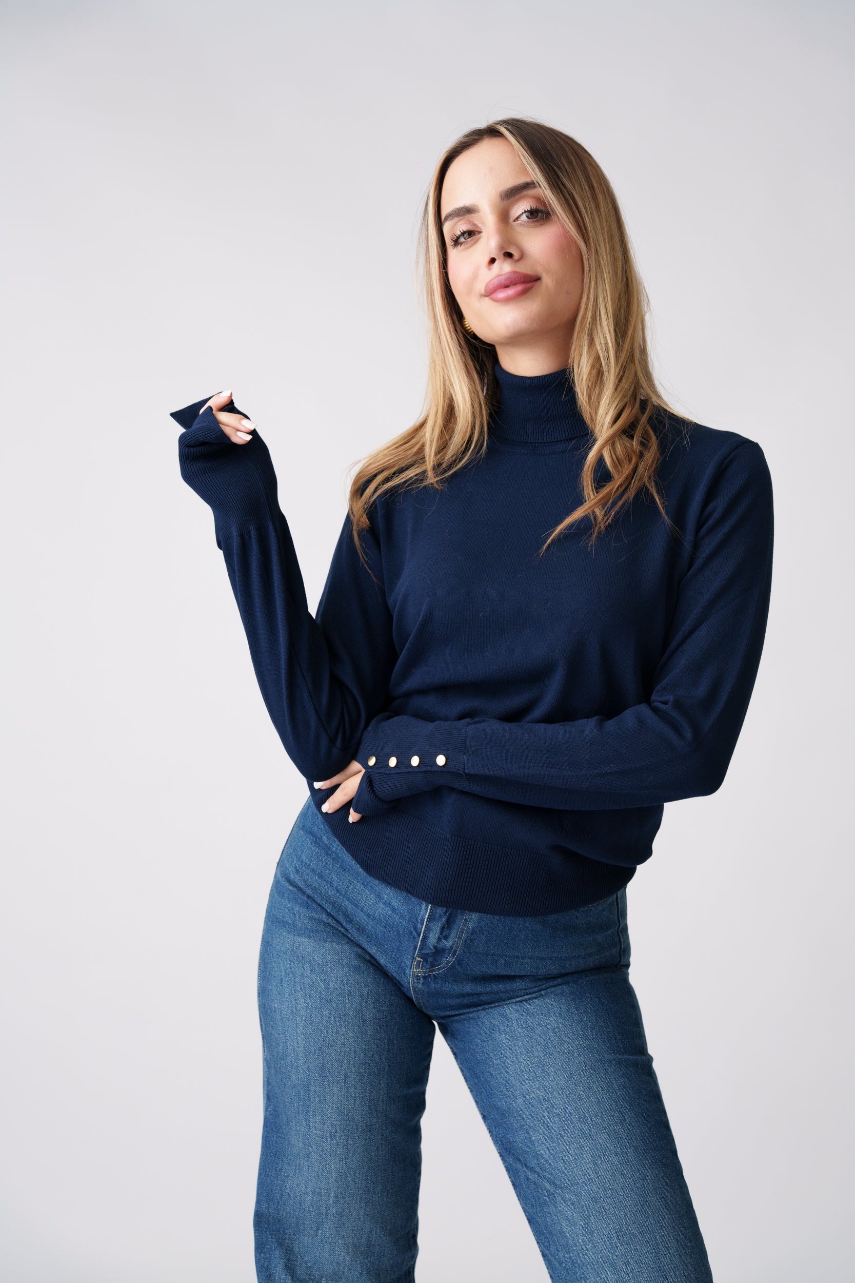 High Neck Button Detail Knit Top – Navy