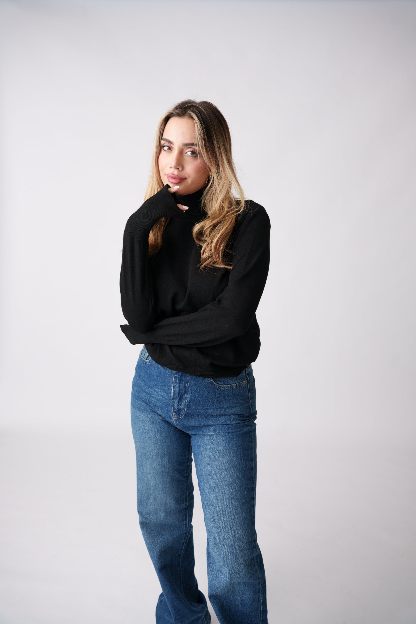 High Neck Button Detail Knit Top – Black