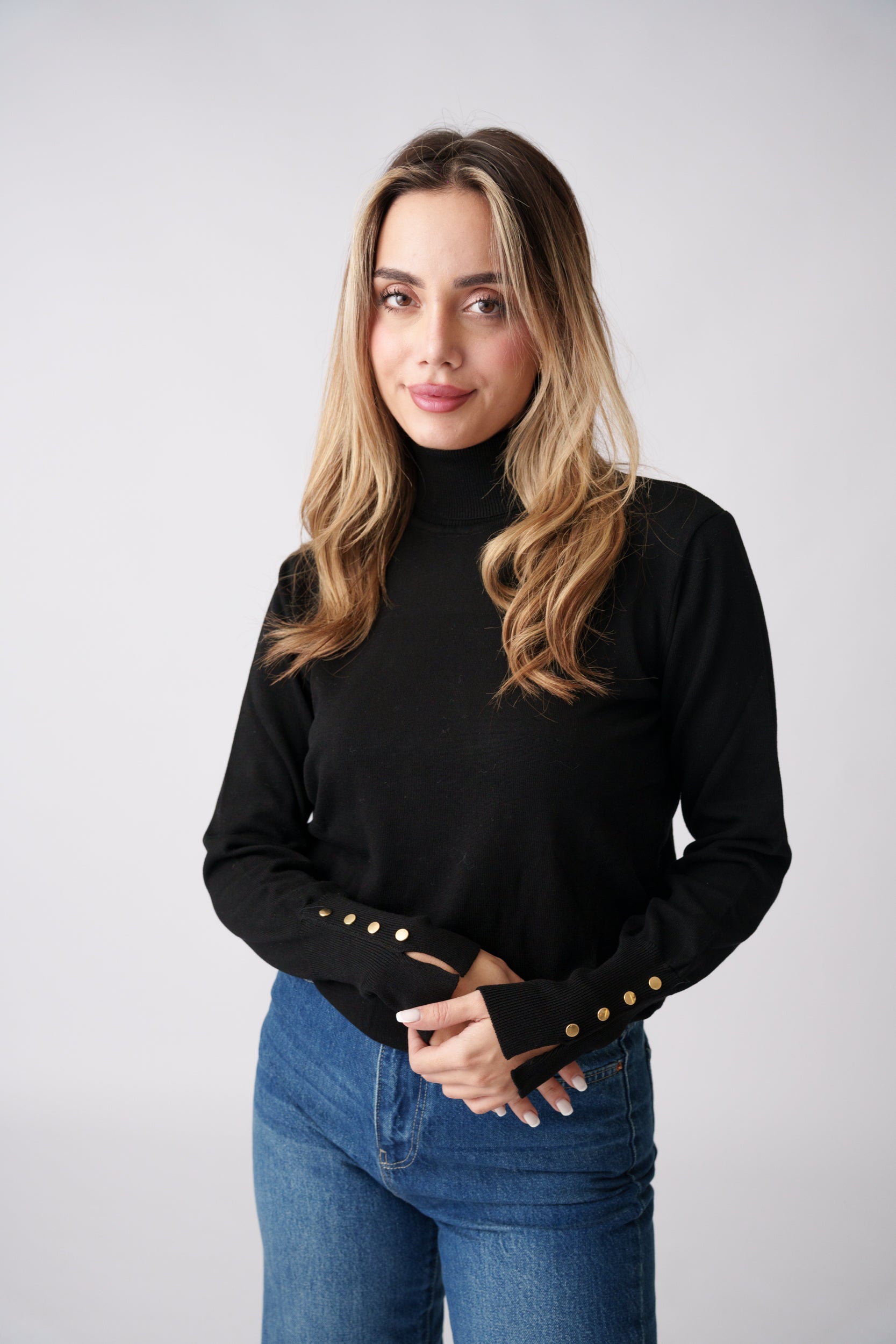 High Neck Button Detail Knit Top – Black