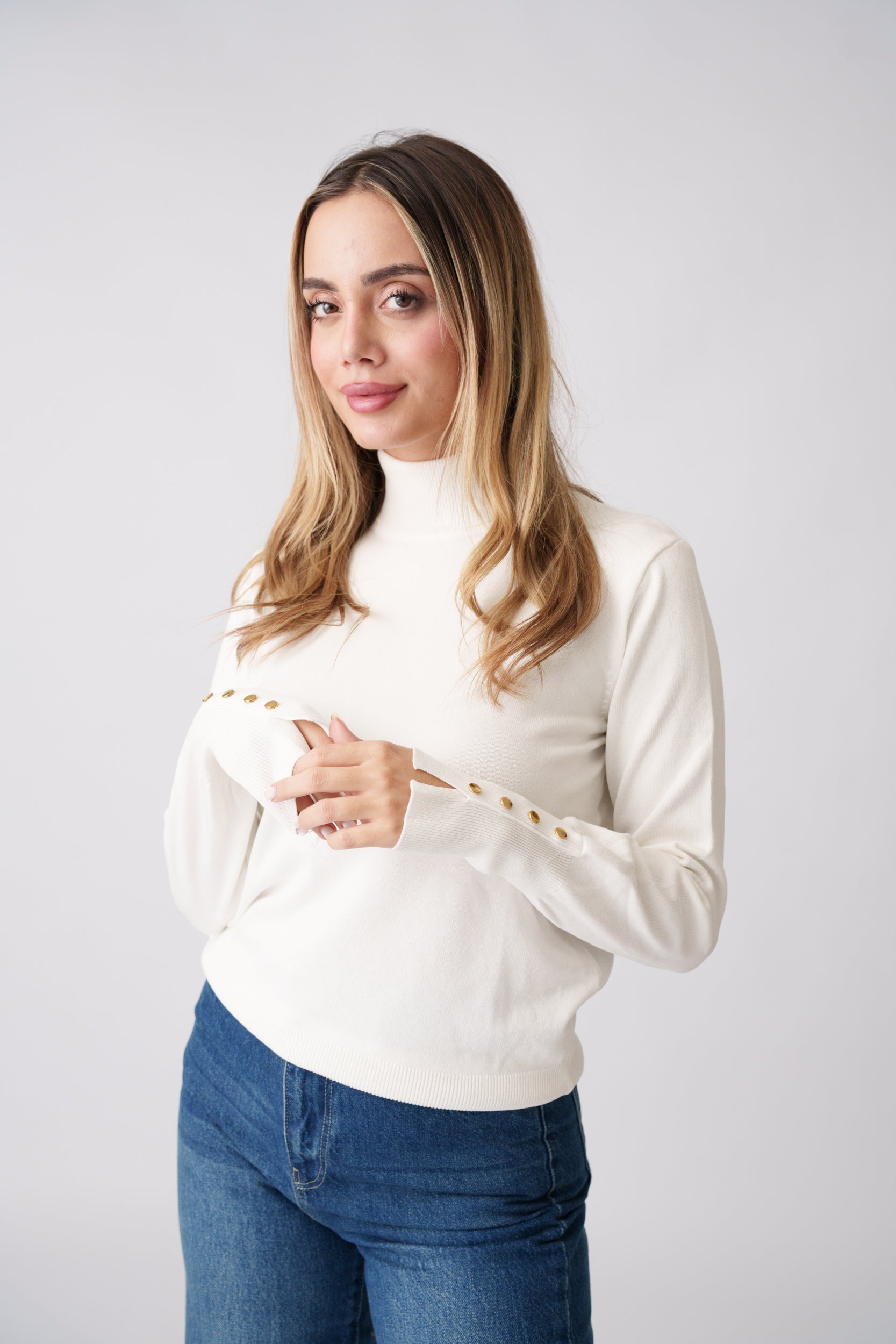 High Neck Button Detail Knit Top – White