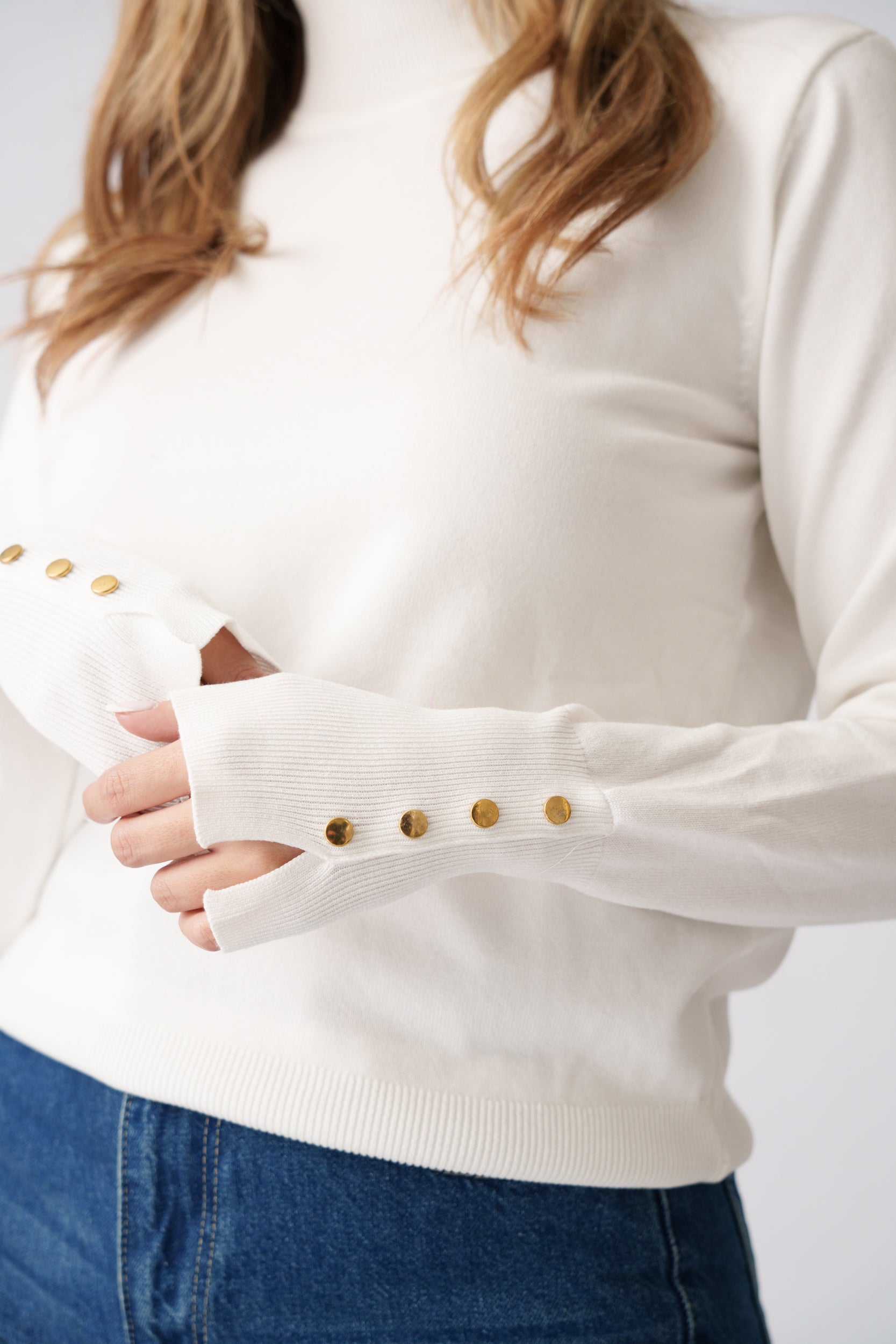 High Neck Button Detail Knit Top – White