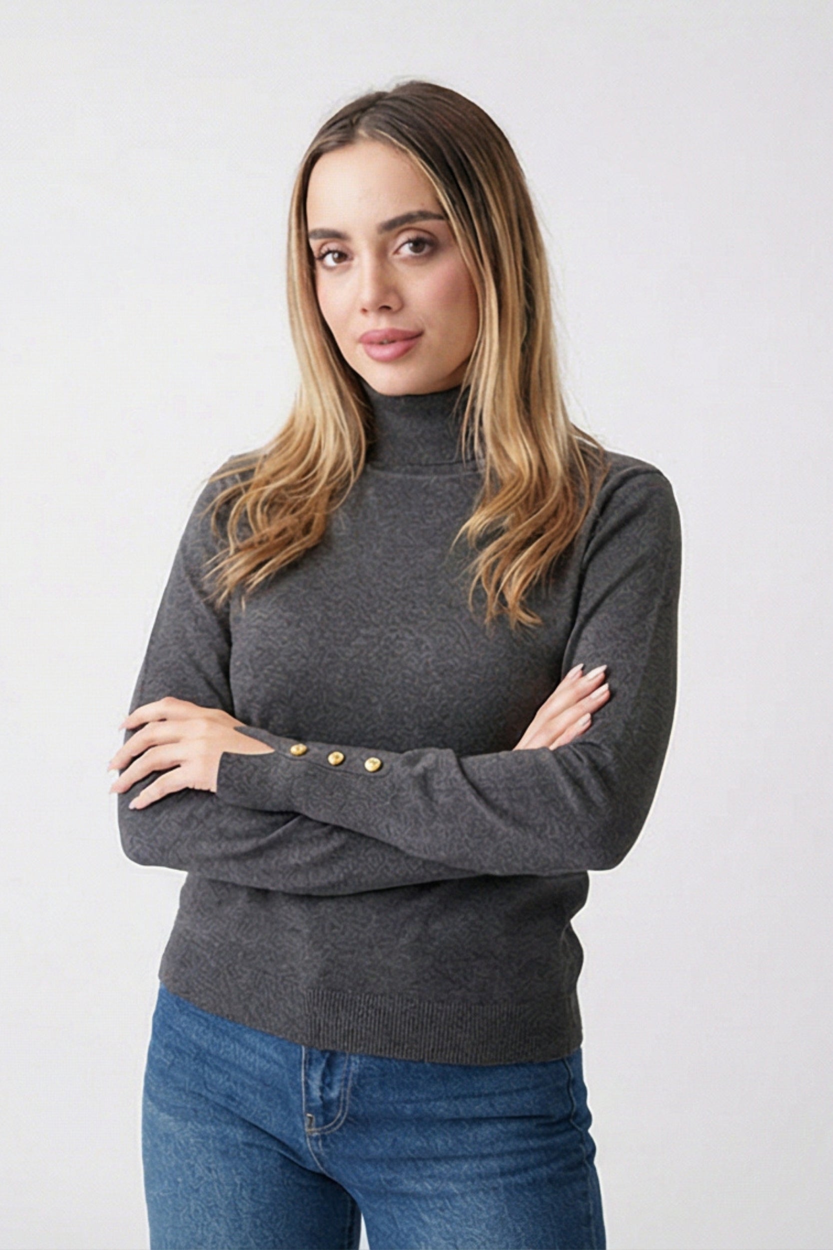 High Neck Button Detail Knit Top – Grey