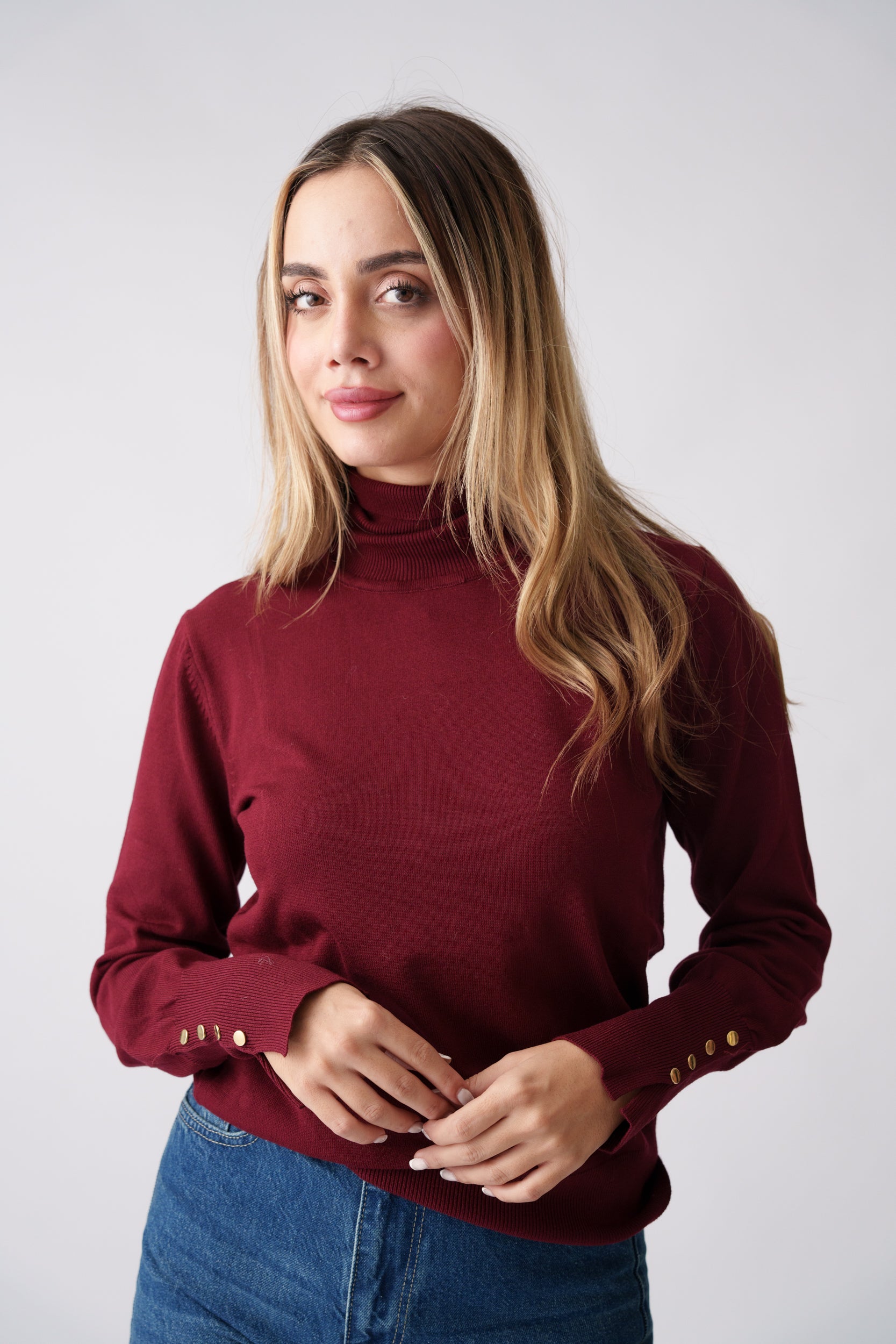 High Neck Button Detail Knit Top – Burgundy
