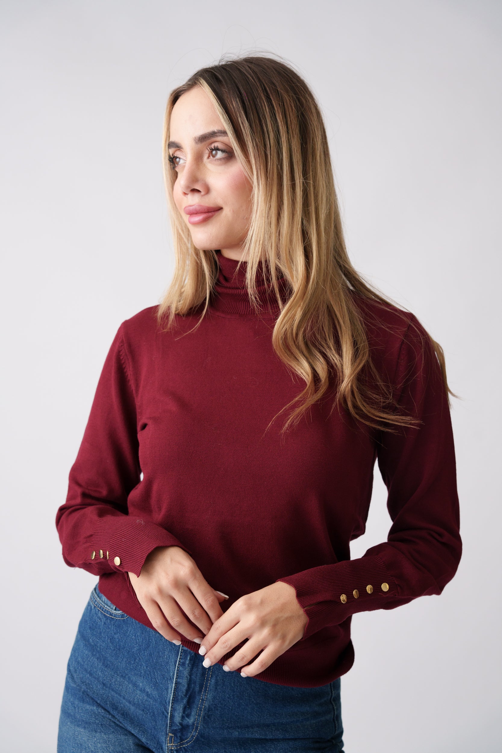 High Neck Button Detail Knit Top – Burgundy
