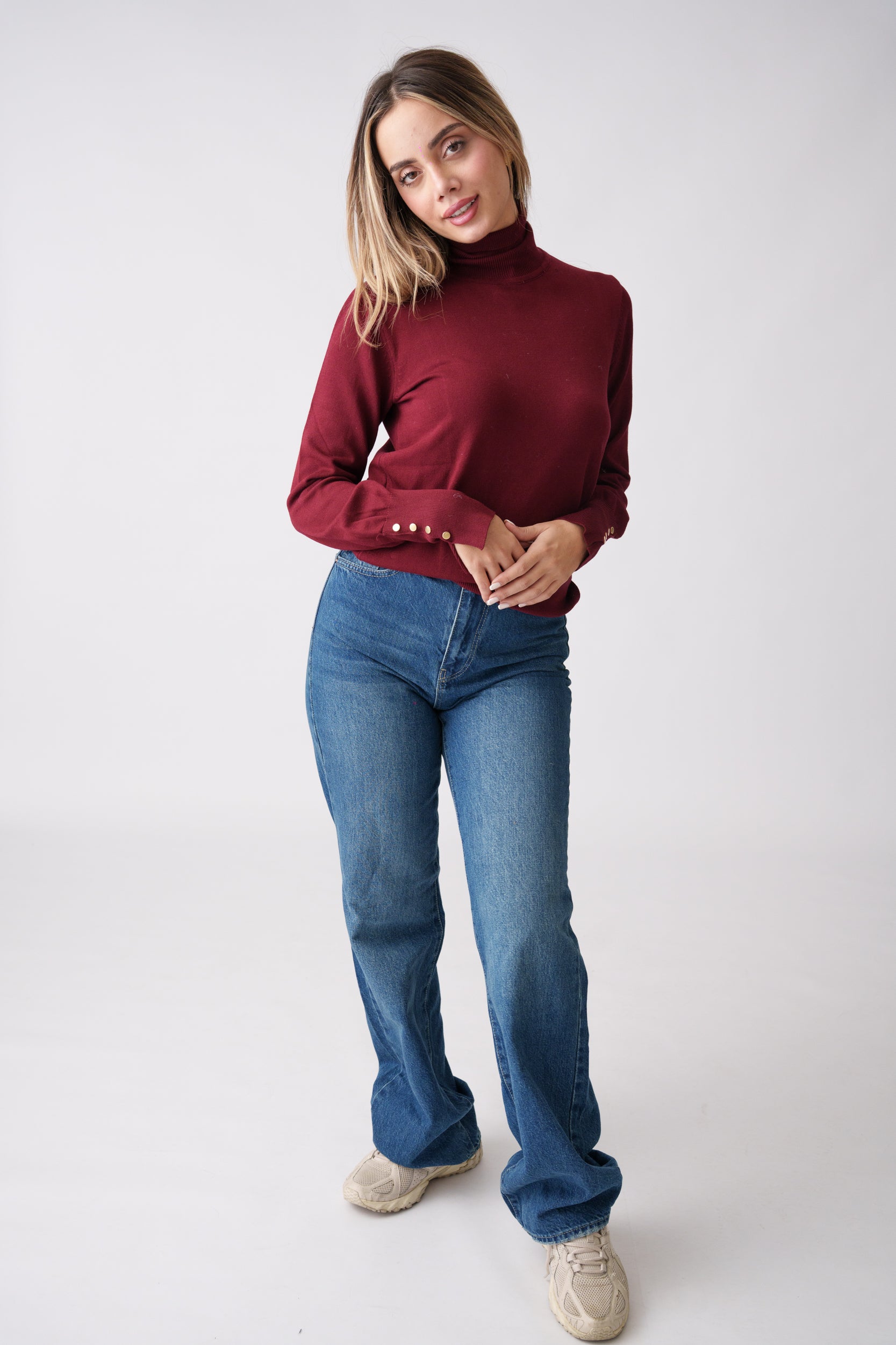 High Neck Button Detail Knit Top – Burgundy