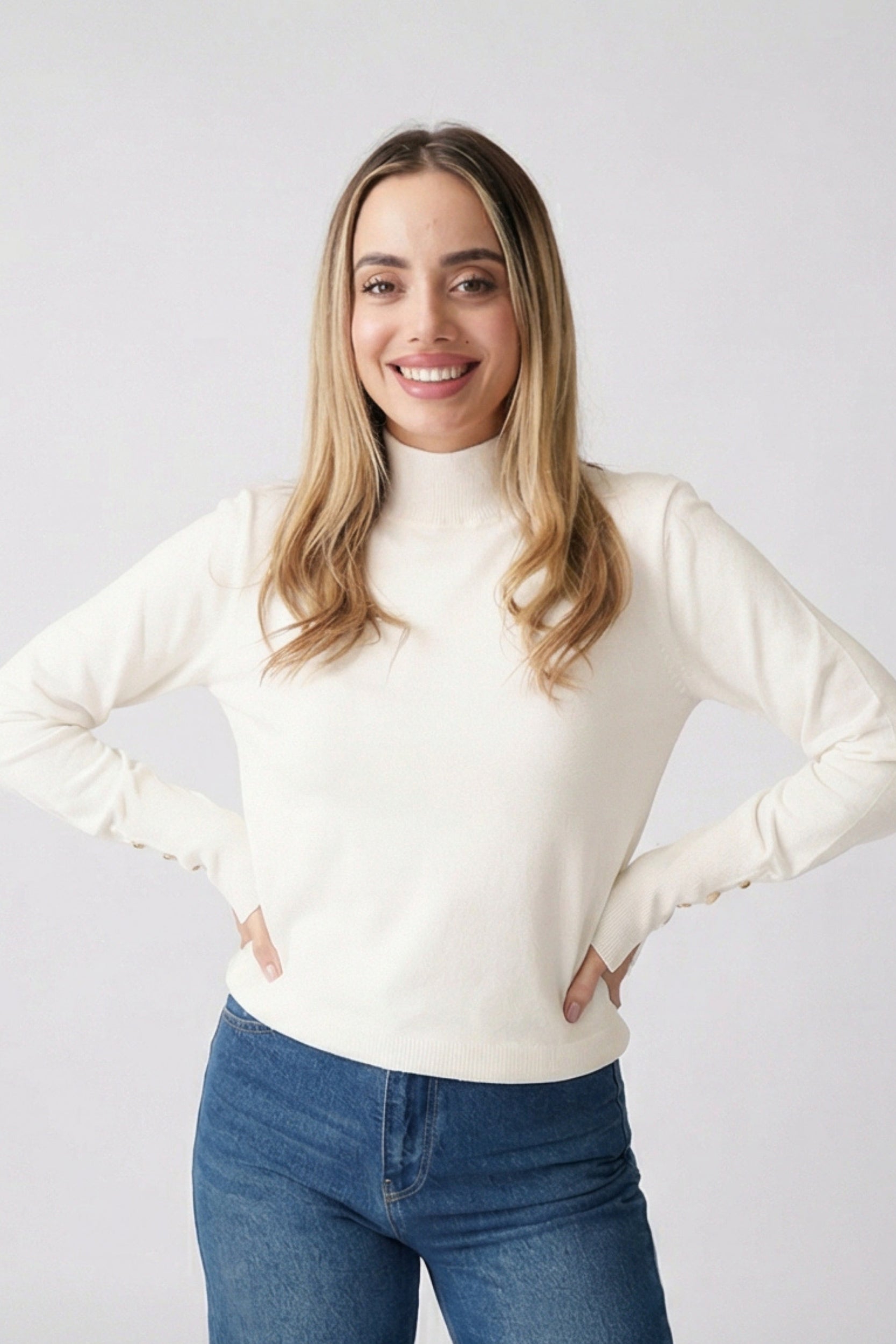 High Neck Button Detail Knit Top – Cream