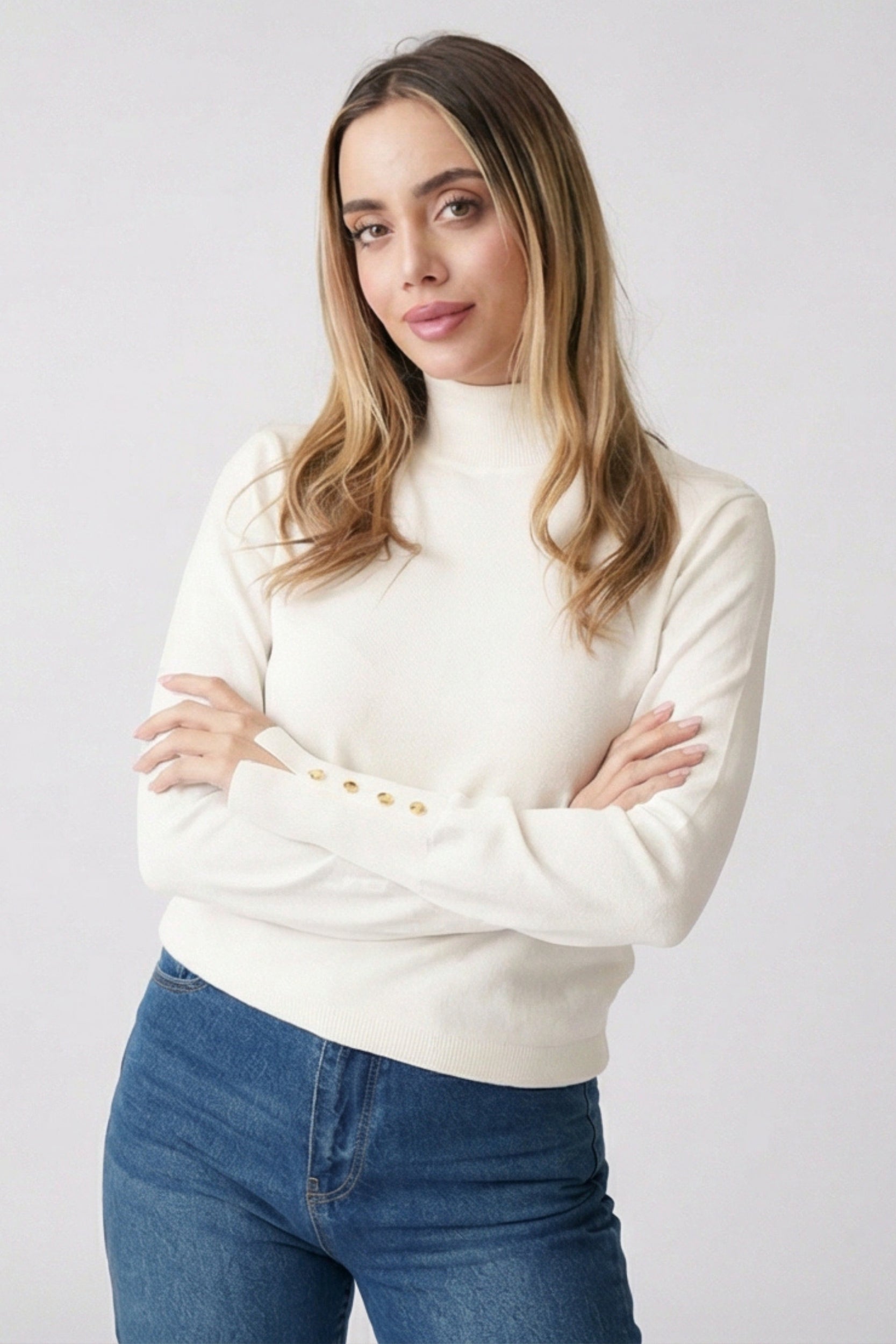 High Neck Button Detail Knit Top – Cream