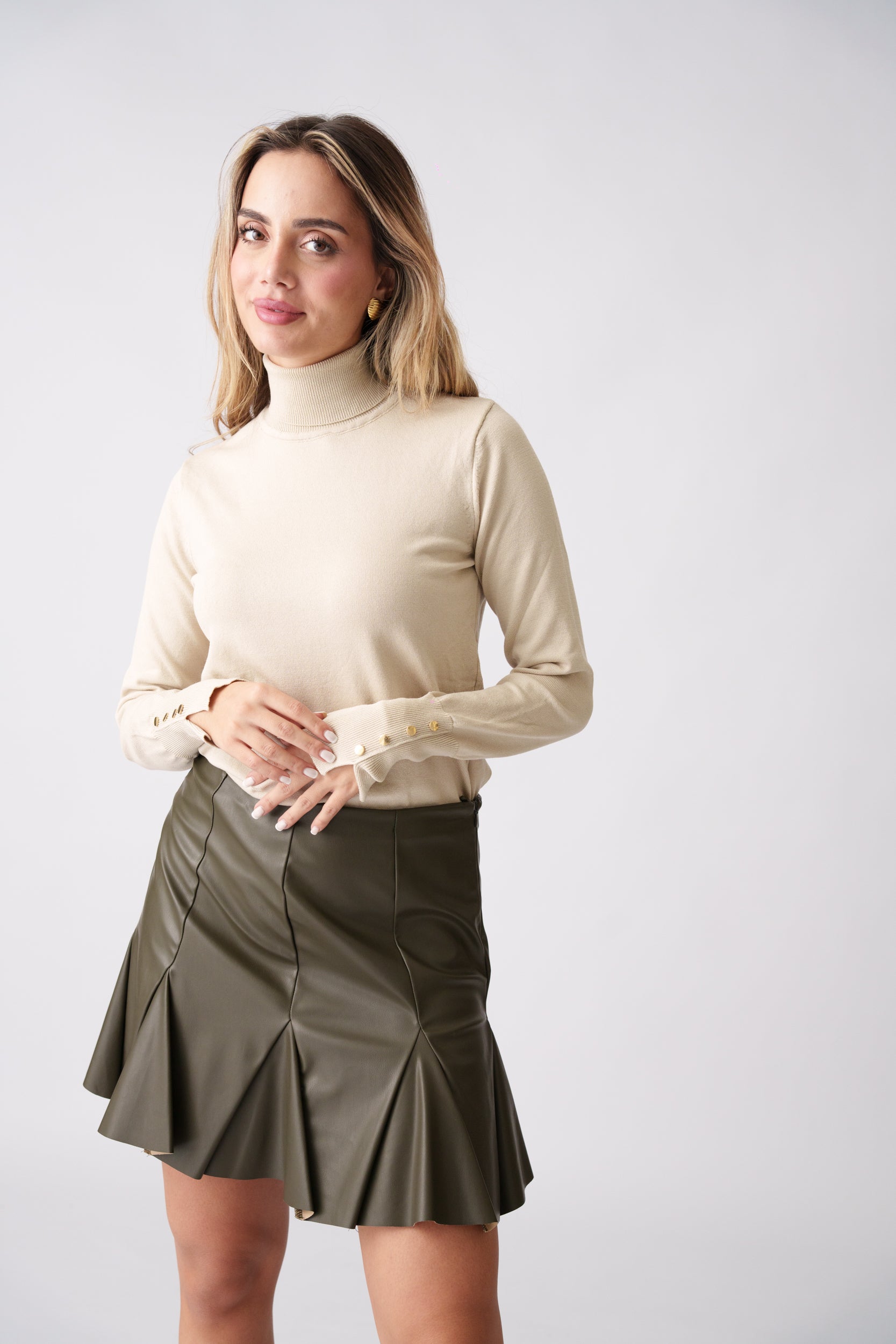 High Neck Button Detail Knit Top – Beige