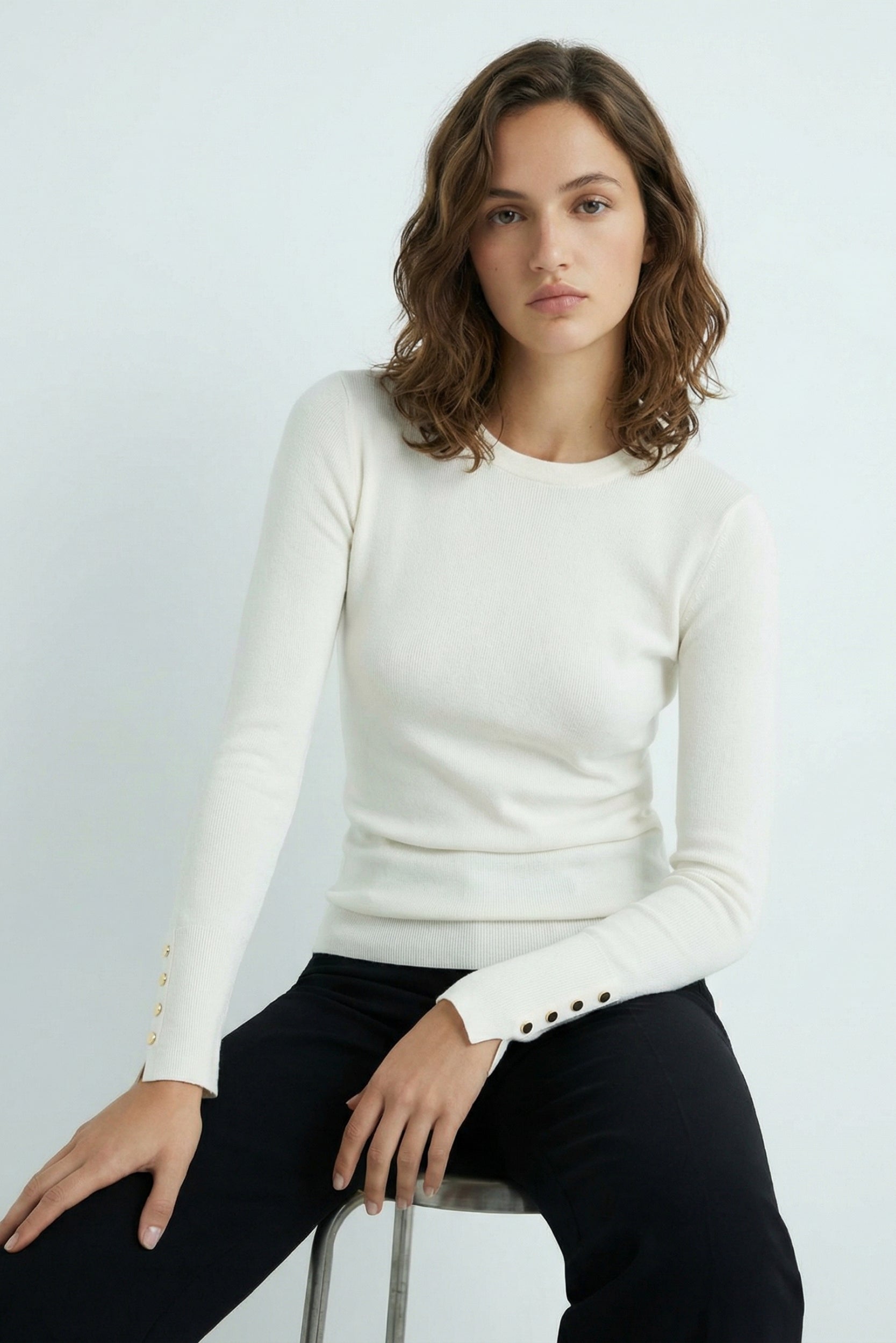Round Neck Button Detail Knit Top