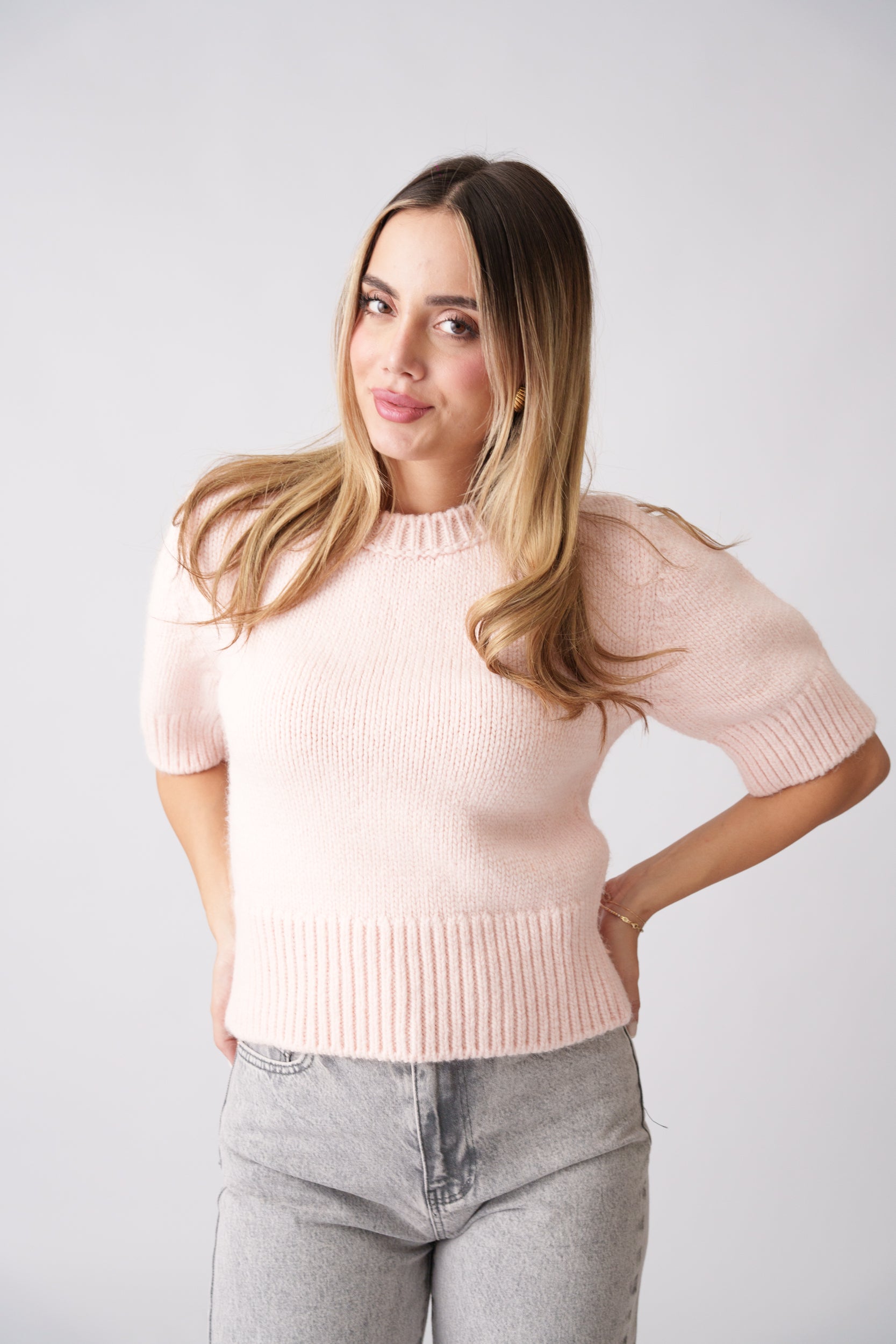 Ribbed Knit Short Sleeve Sweater – Baby Pink
